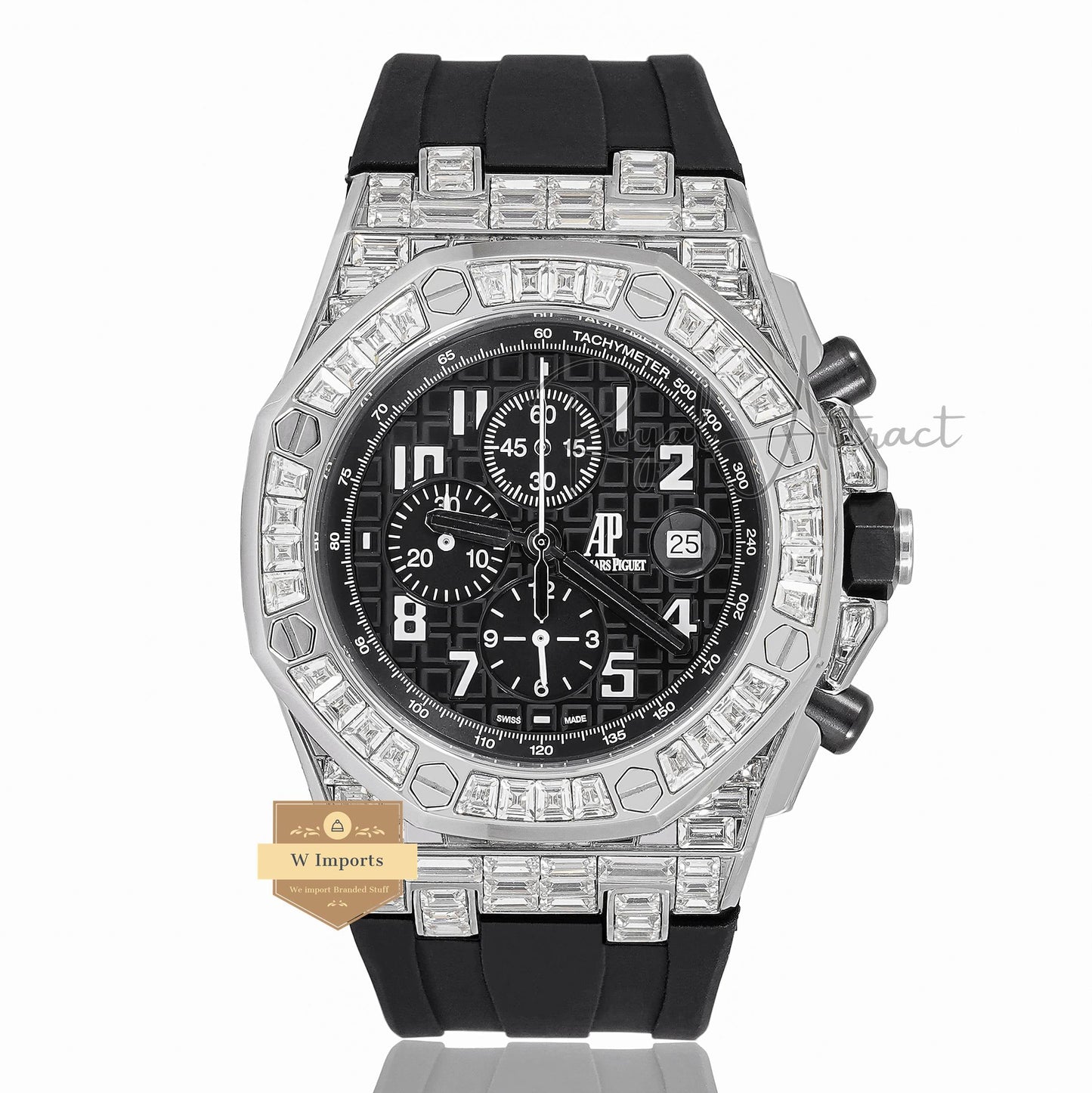 Latest Collection Chronograph Silver Stoned Bezel With Black Dial & Rubber Strap