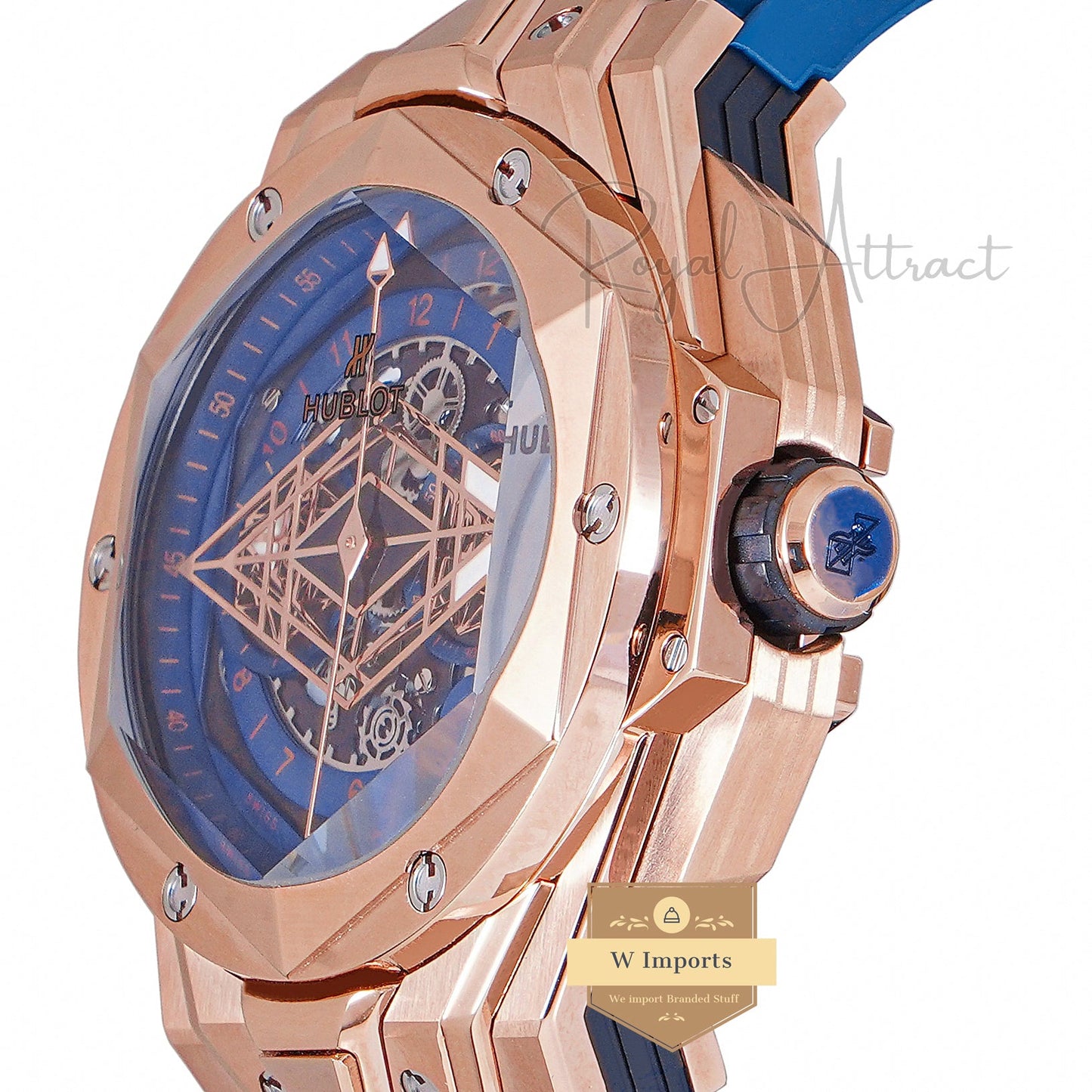 LATEST COLLECTION CHRONOGRAPH ROSE GOLD CASE WITH BLUE DIAL & RUBBER STRAP