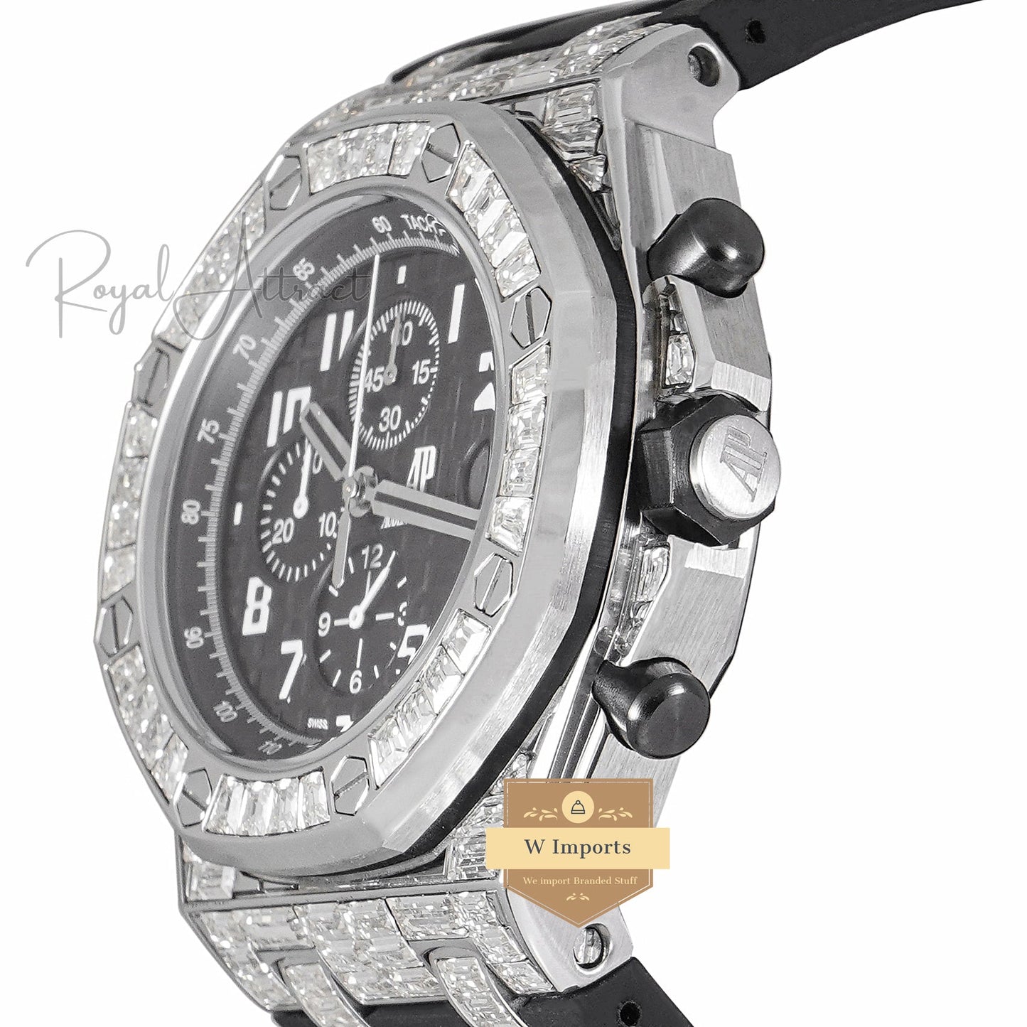 Latest Collection Chronograph Silver Stoned Bezel With Black Dial & Rubber Strap