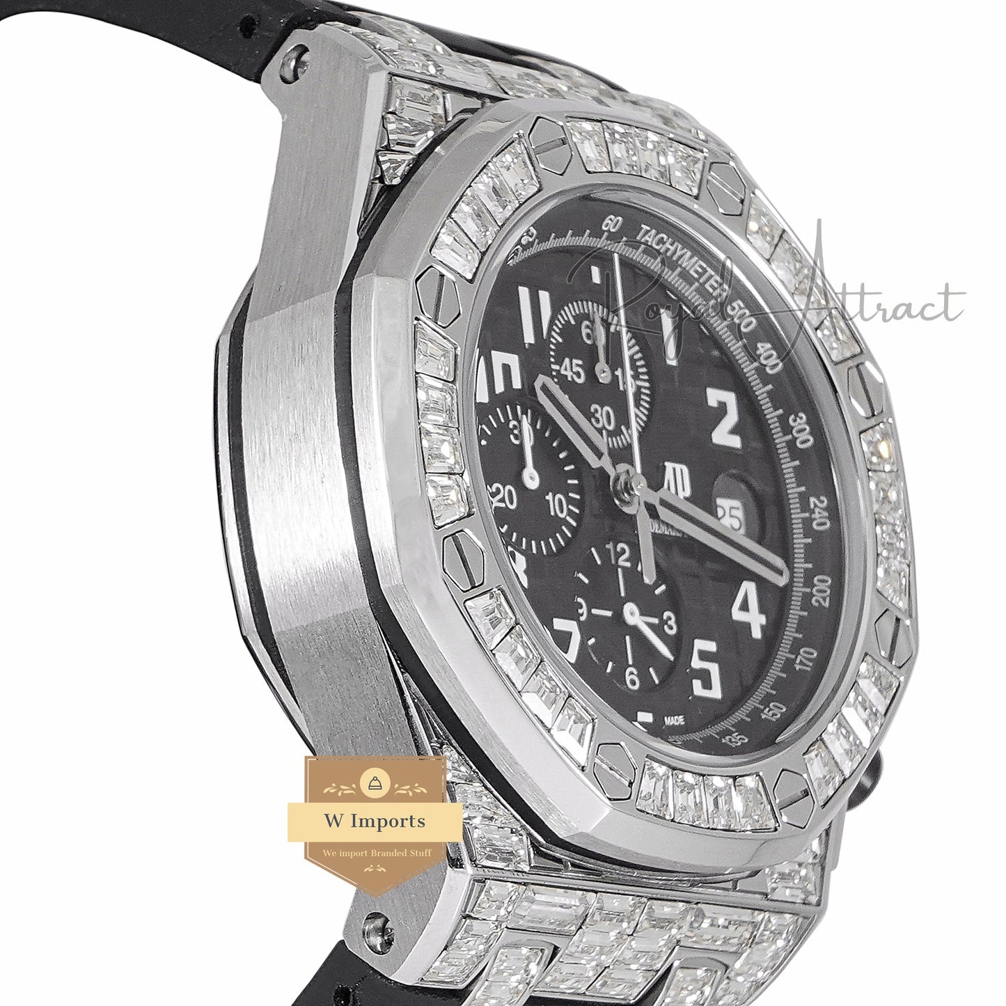 Latest Collection Chronograph Silver Stoned Bezel With Black Dial & Rubber Strap