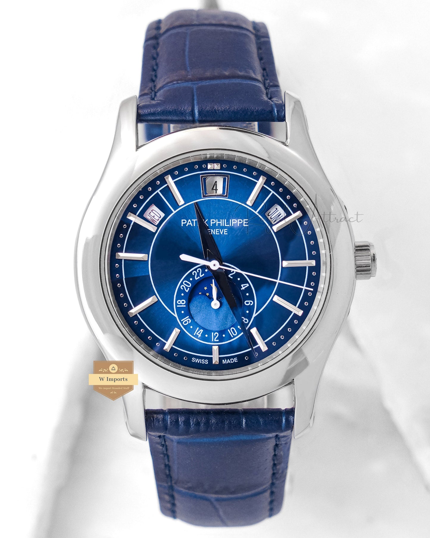 Latest Collection Moon phase Silver Case With Blue Dial & Leather Strap