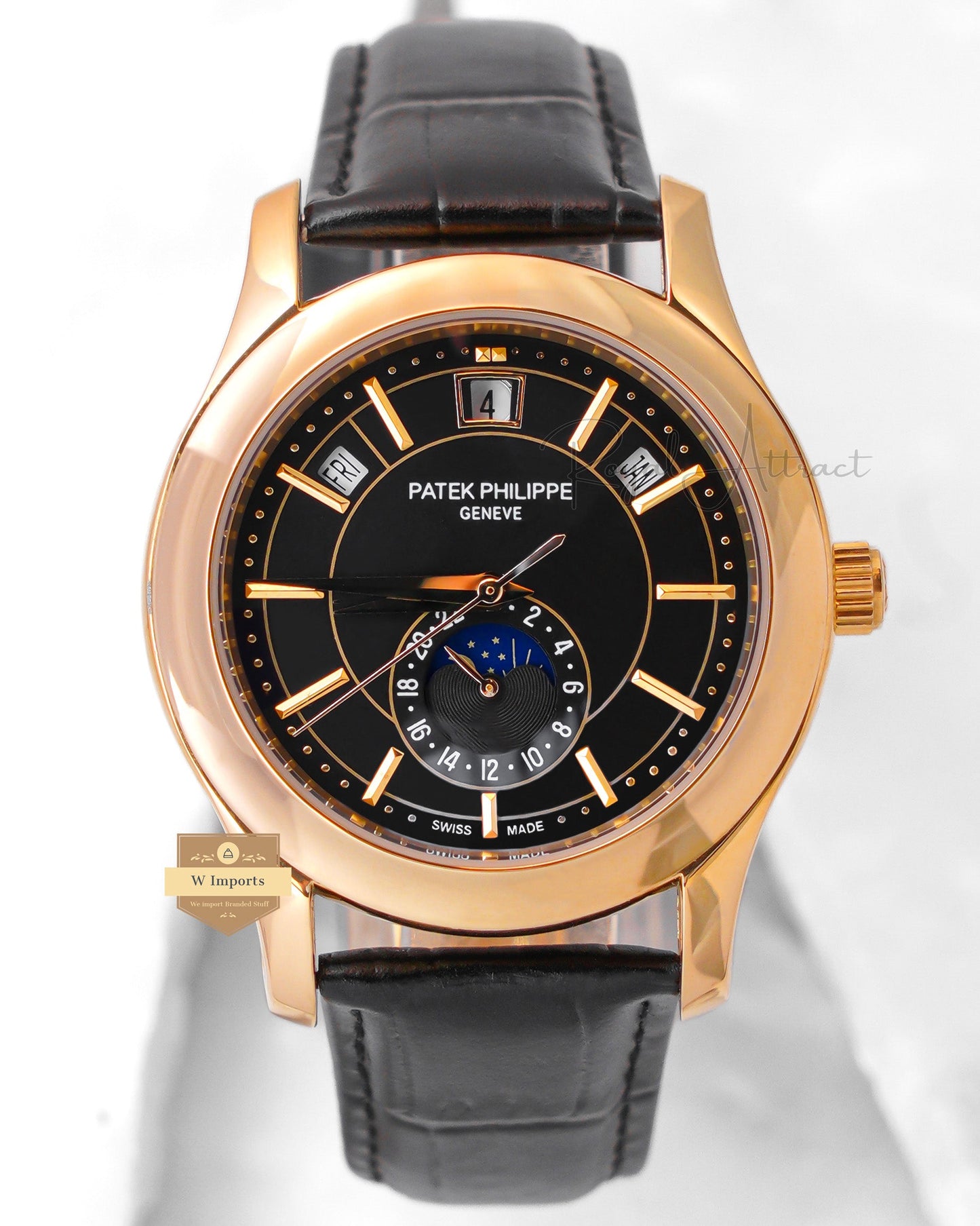 Latest Collection Moon phase Yellow Gold Case With Black Dial & Leather Strap