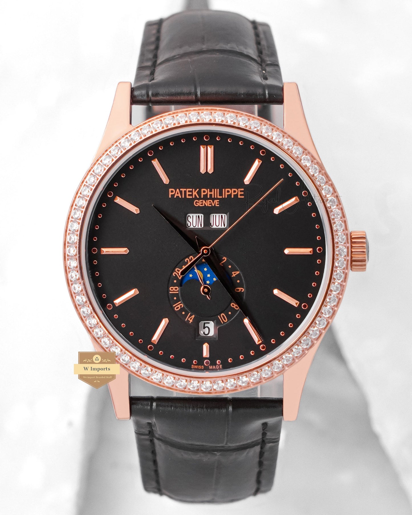 LATEST COLLECTION ANNUAL CALENDAR MOON PHASE ROSE GOLD CASE WITH BLACK DIAL STONE BEZEL & LEATHER STRAP