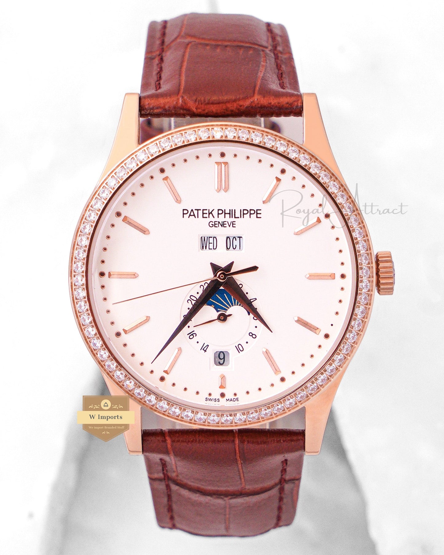 LATEST COLLECTION ANNUAL CALENDAR MOON PHASE ROSE GOLD CASE WITH WHITE DIAL STONE BEZEL & LEATHER STRAP
