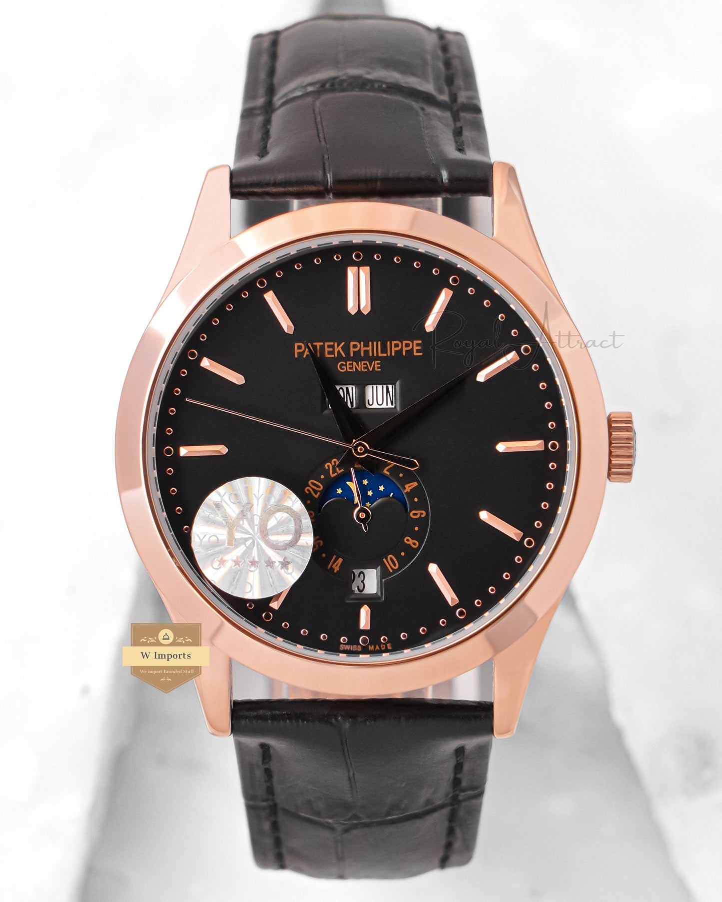 LATEST COLLECTION MOON PHASE ROSE GOLD CASE WITH BLACK DIAL & LEATHER STRAP
