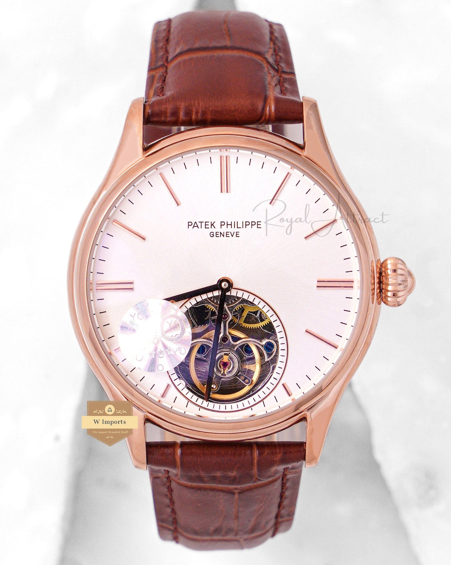 Latest Collection Tourbillon Rose Gold Case With White Dial & Brown Leather Strap