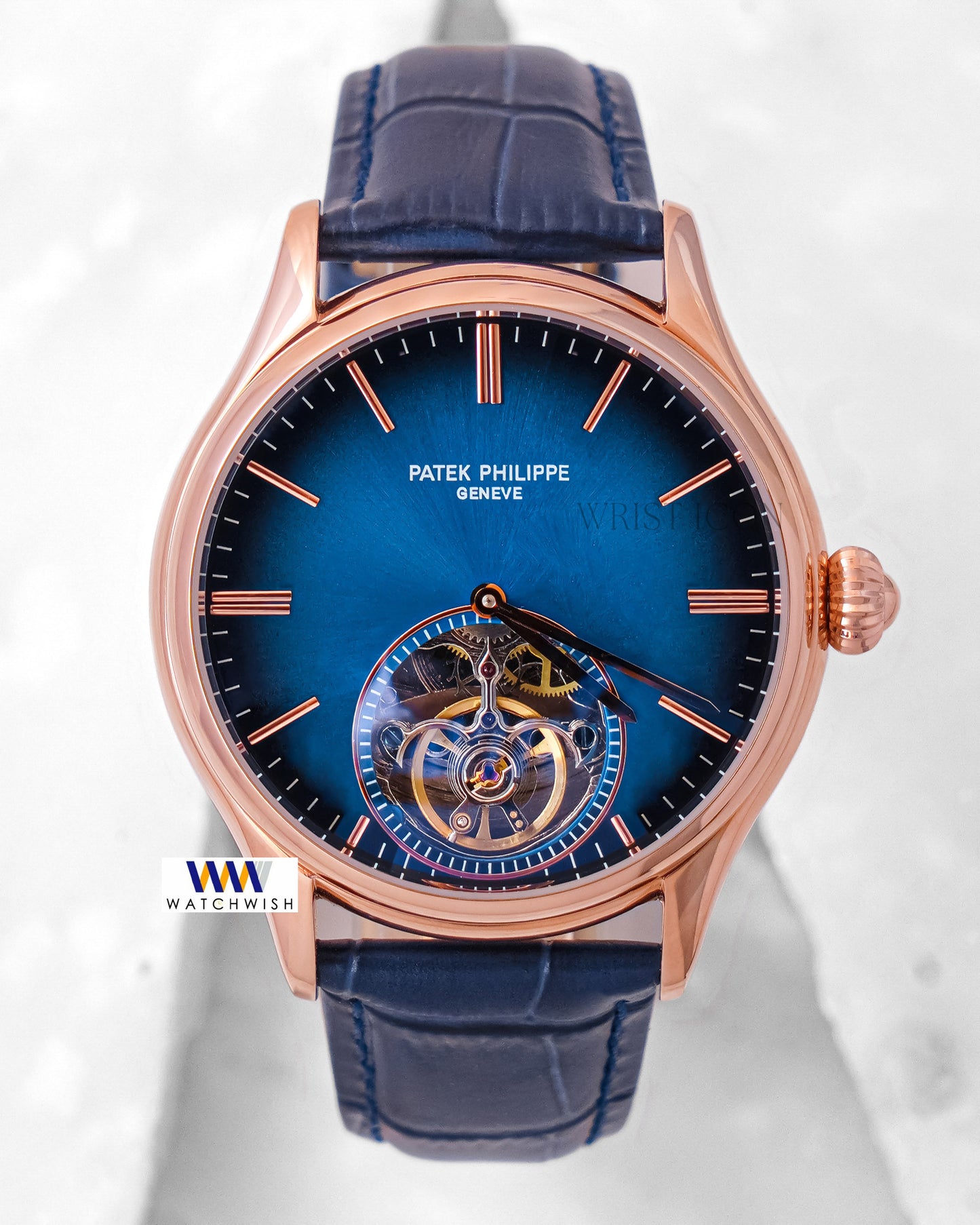 Latest Collection Tourbillon Rose Gold Case With Blue Dial & Leather Strap