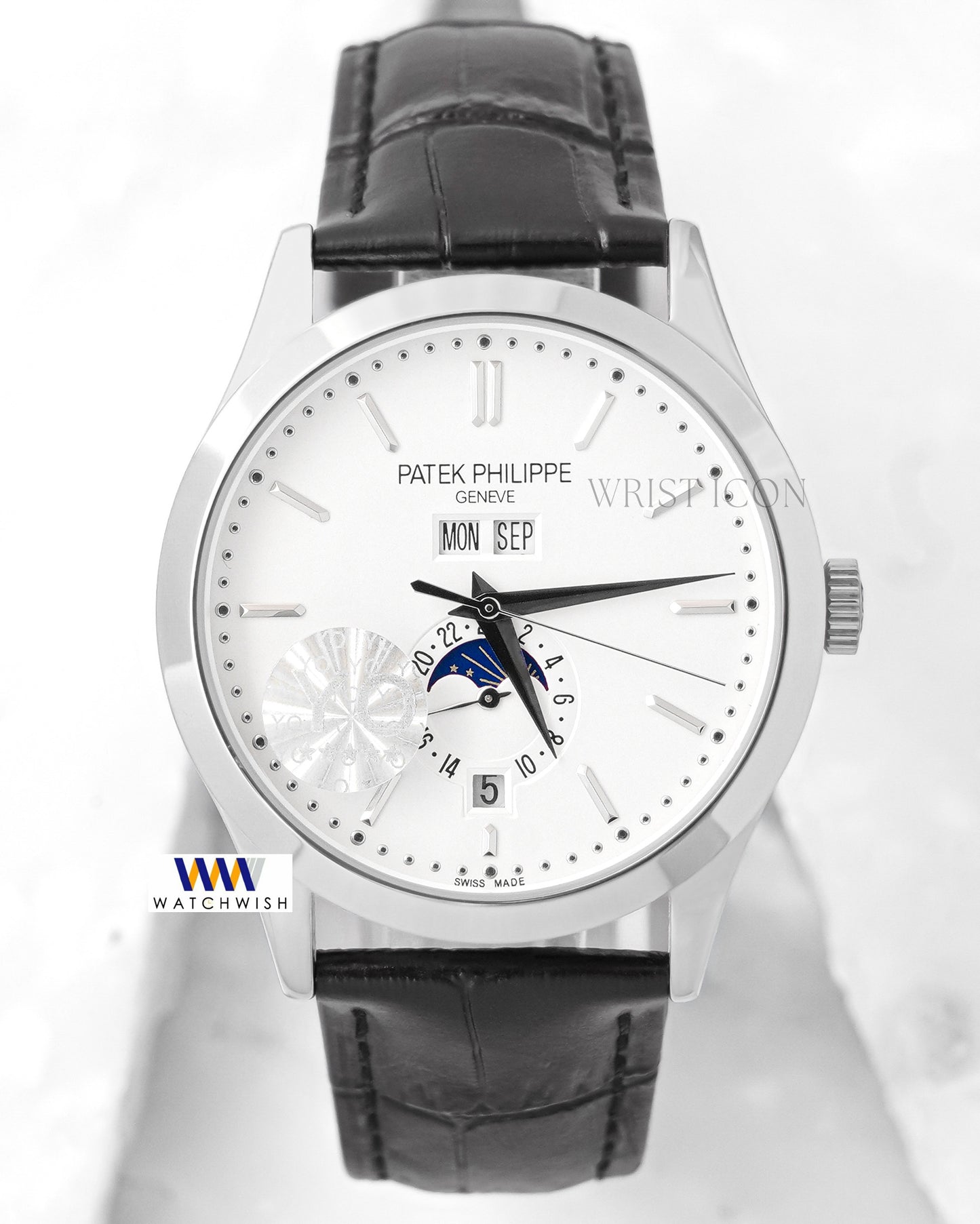LATEST COLLECTION MOON PHASE SILVER CASE WITH WHITE DIAL & LEATHER STRAP
