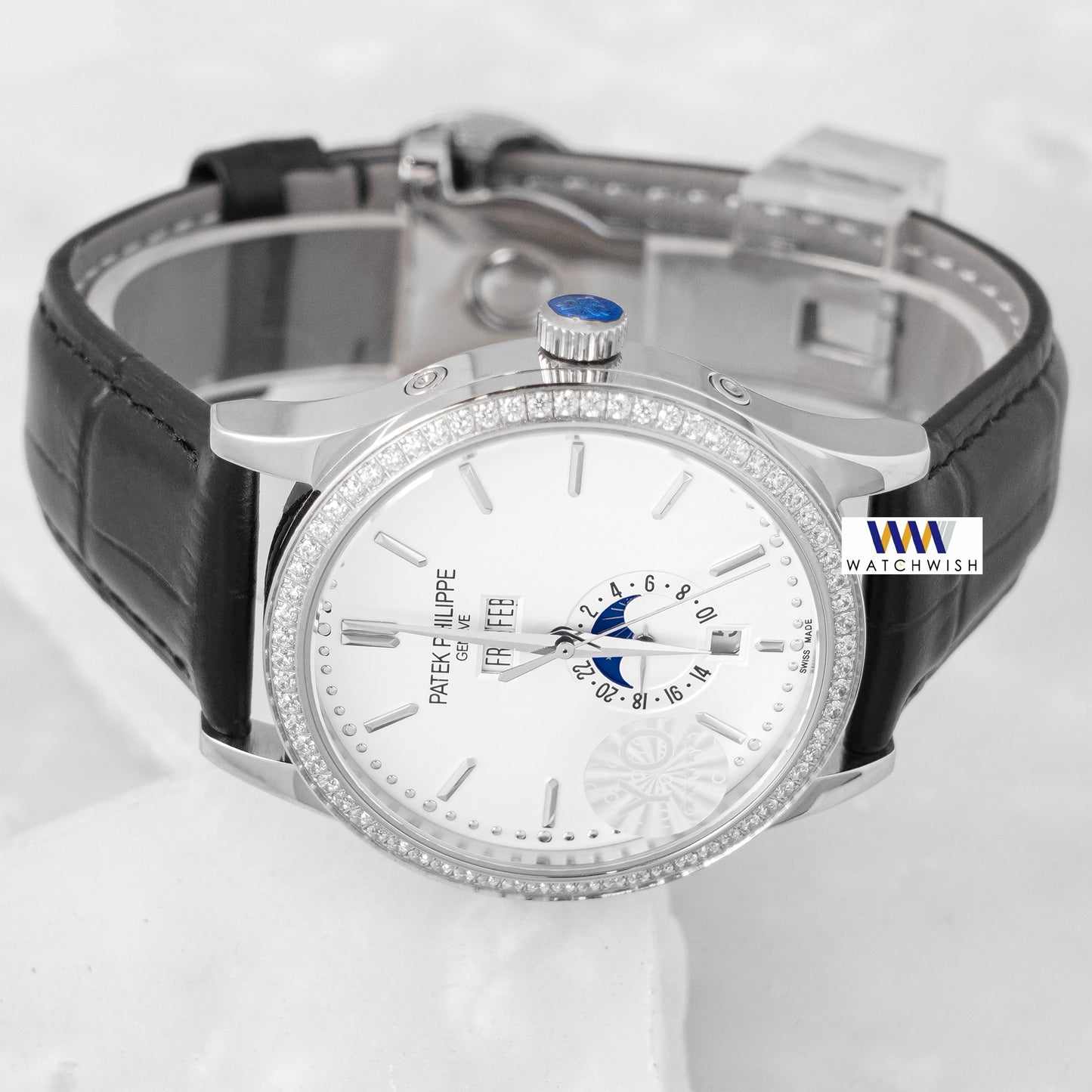 LATEST COLLECTION ANNUAL CALENDAR MOON PHASE SILVER CASE WITH WHITE DIAL STONE BEZEL & LEATHER STRAP
