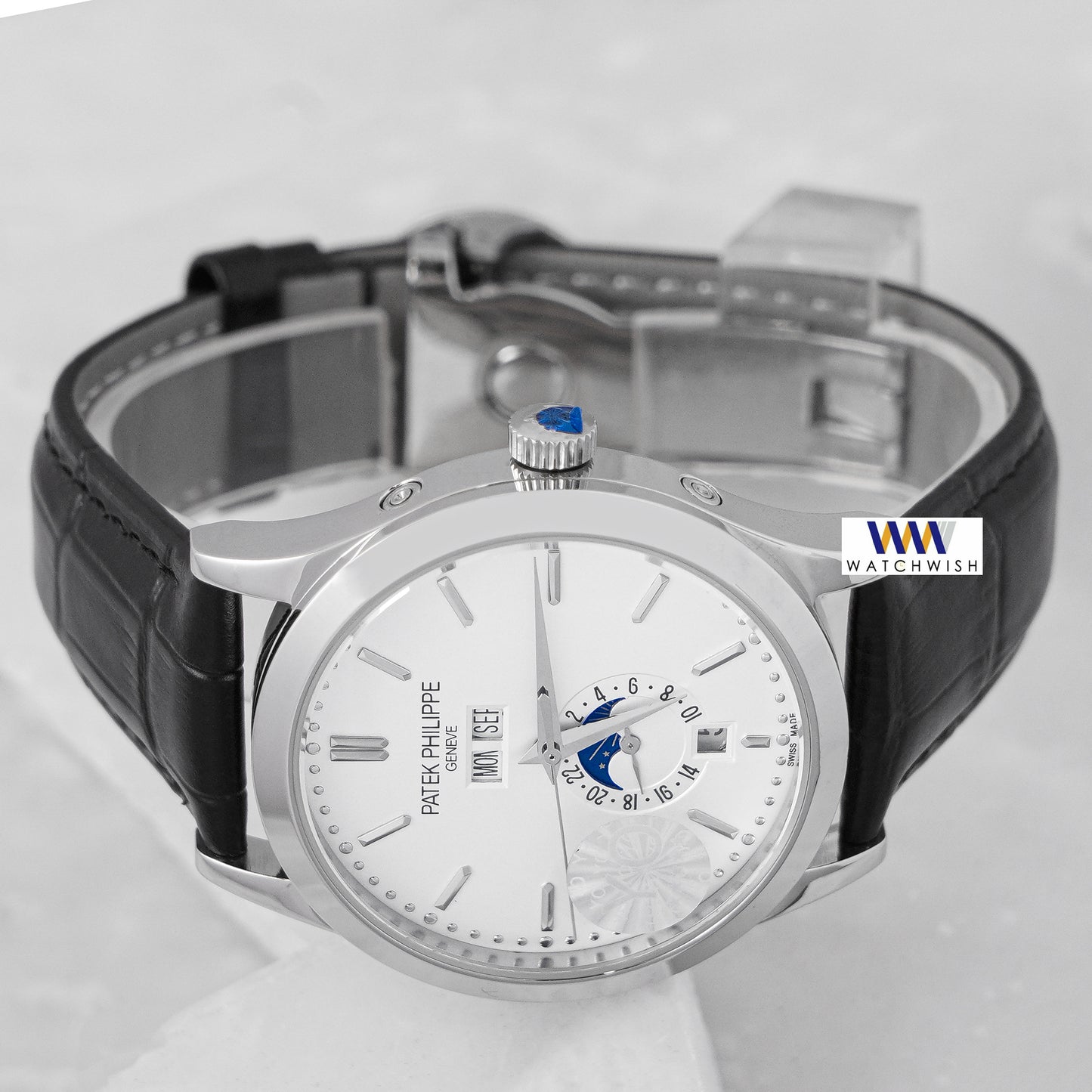LATEST COLLECTION MOON PHASE SILVER CASE WITH WHITE DIAL & LEATHER STRAP