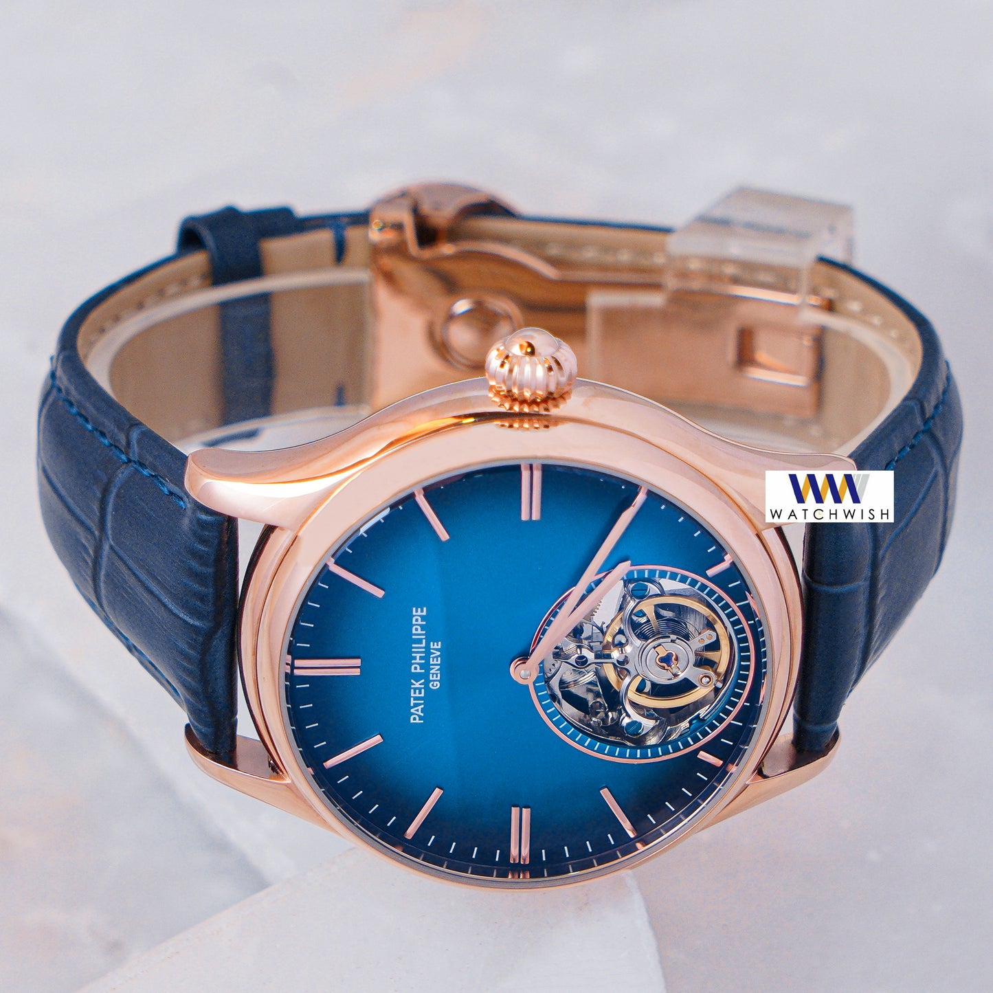 Latest Collection Tourbillon Rose Gold Case With Blue Dial & Leather Strap