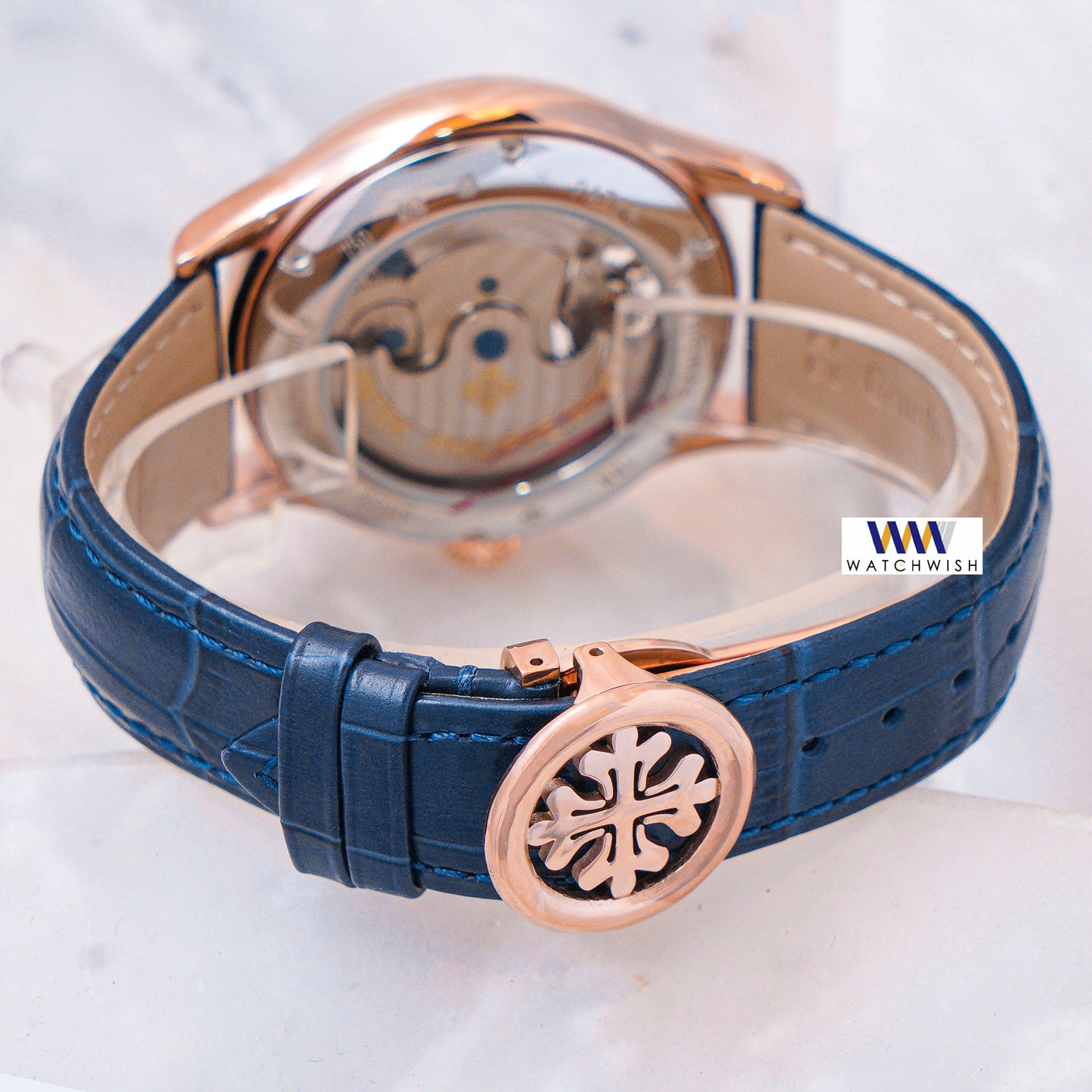 Latest Collection Tourbillon Rose Gold Case With Blue Dial & Leather Strap