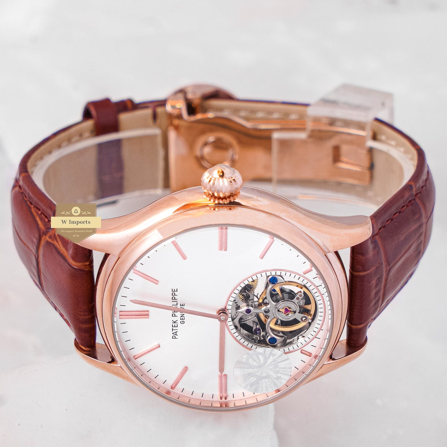 Latest Collection Tourbillon Rose Gold Case With White Dial & Brown Leather Strap