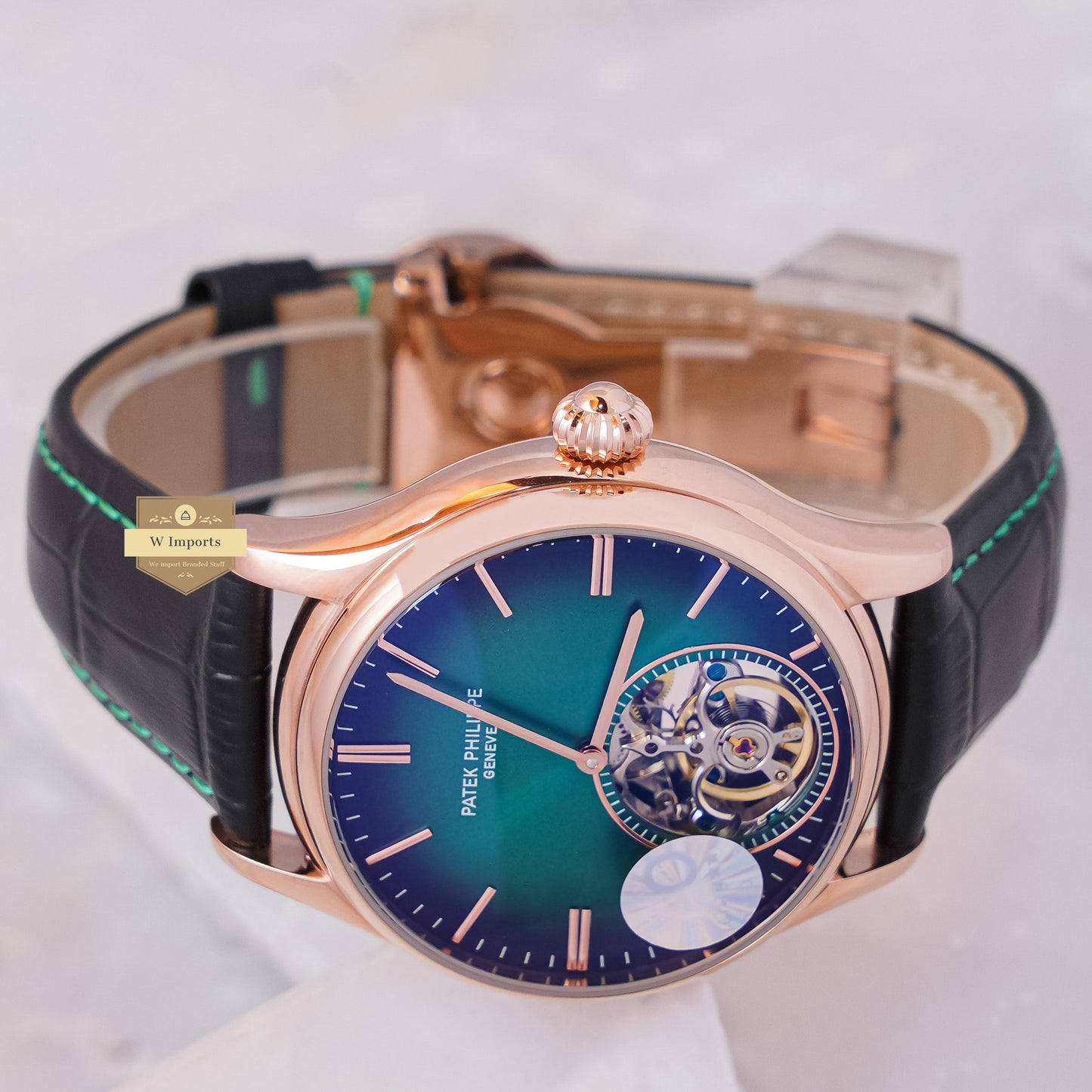 Latest Collection Tourbillon Rose Gold Case With Green Dial & Black Leather Strap