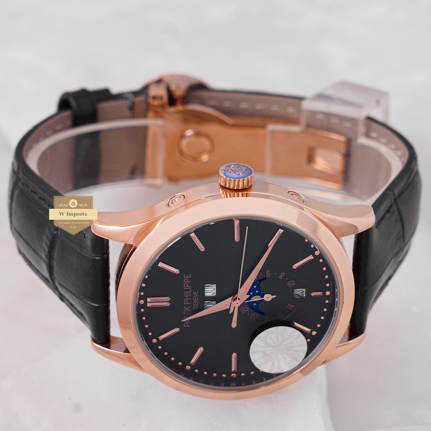 LATEST COLLECTION MOON PHASE ROSE GOLD CASE WITH BLACK DIAL & LEATHER STRAP