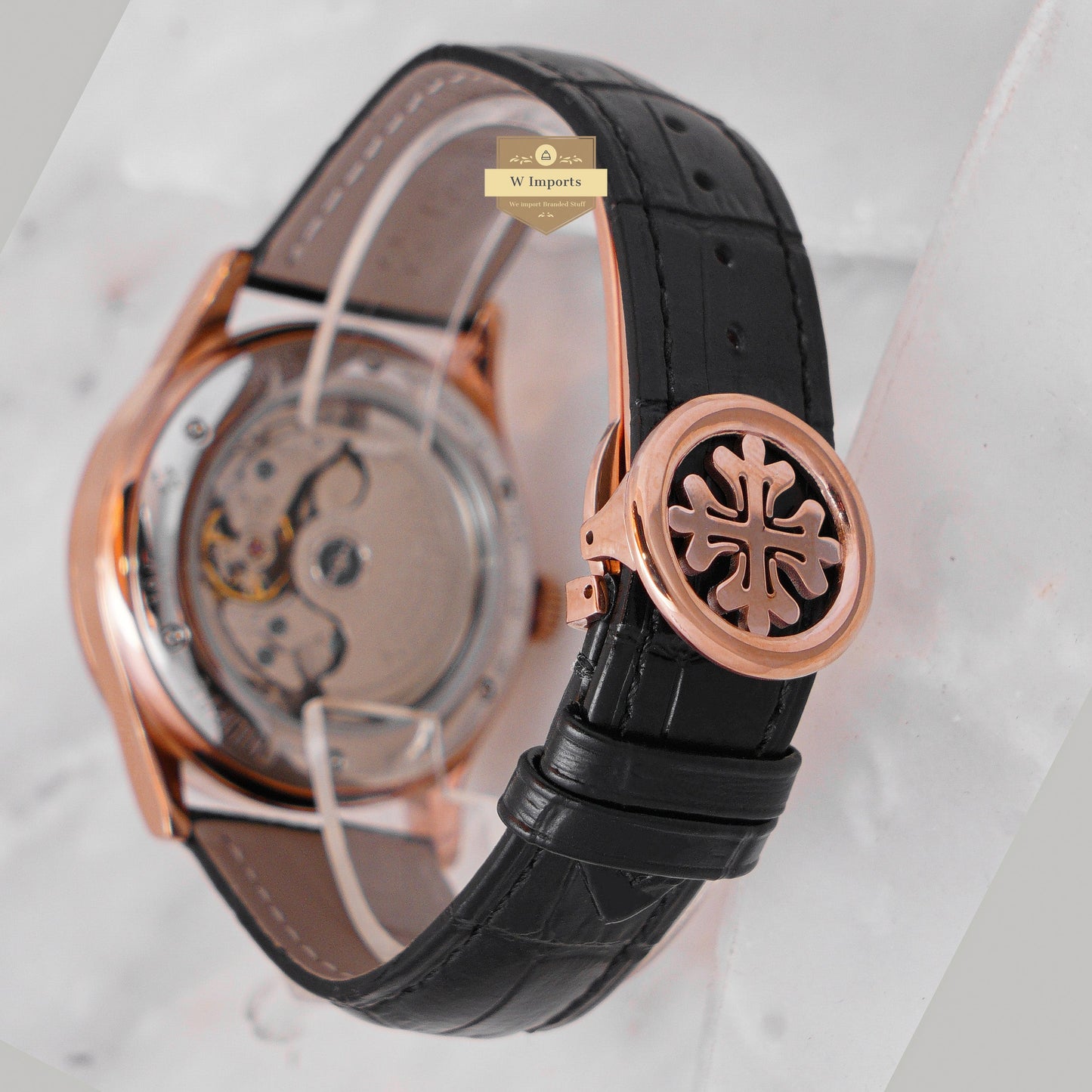 LATEST COLLECTION MOON PHASE ROSE GOLD CASE WITH BLACK DIAL & LEATHER STRAP