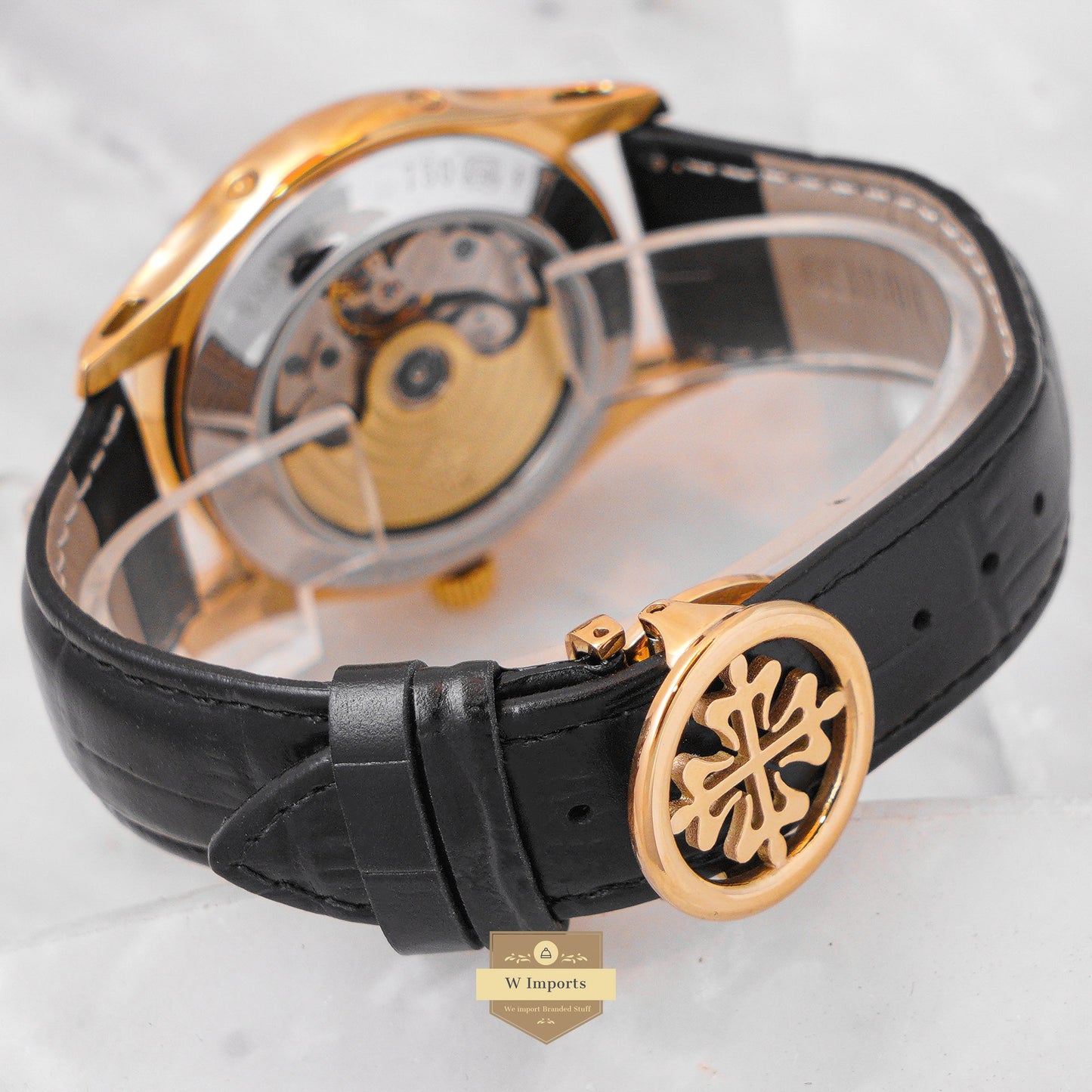Latest Collection Moon phase Yellow Gold Case With Black Dial & Leather Strap