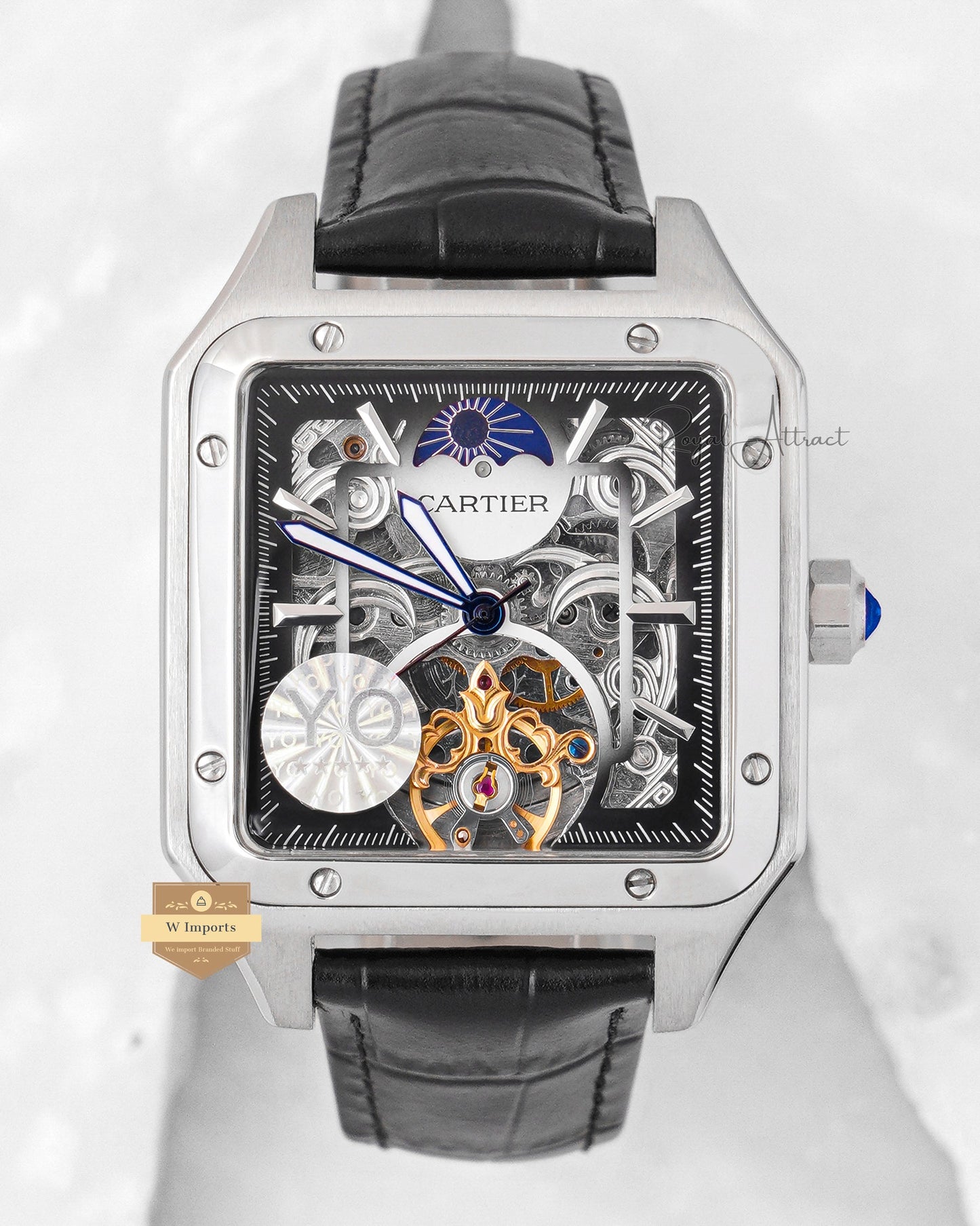 LATEST COLLECTION TOURBILLON MOON PHASE SILVER CASE WITH SKELETON DIAL & BLACK LEATHER STRAP