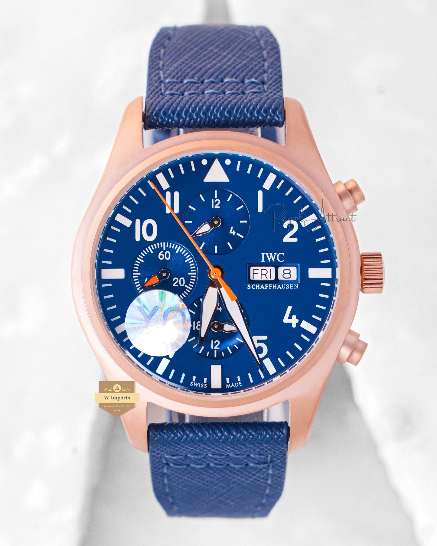 LATEST COLLECTION CHRONOGRAPH ROSE GOLD CASE WITH BLUE DIAL & Velvet STRAP