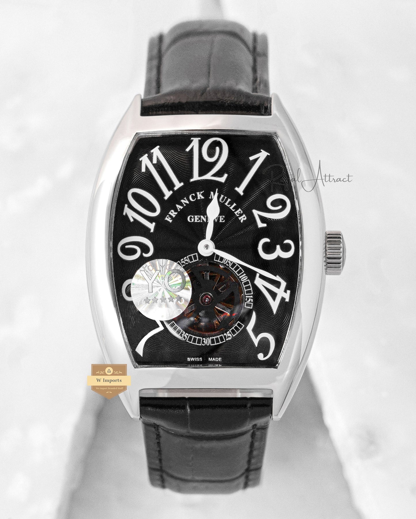 LATEST COLLECTION TOURBILLON SILVER CASE WITH BLACK DIAL AND LEATHER STRAP