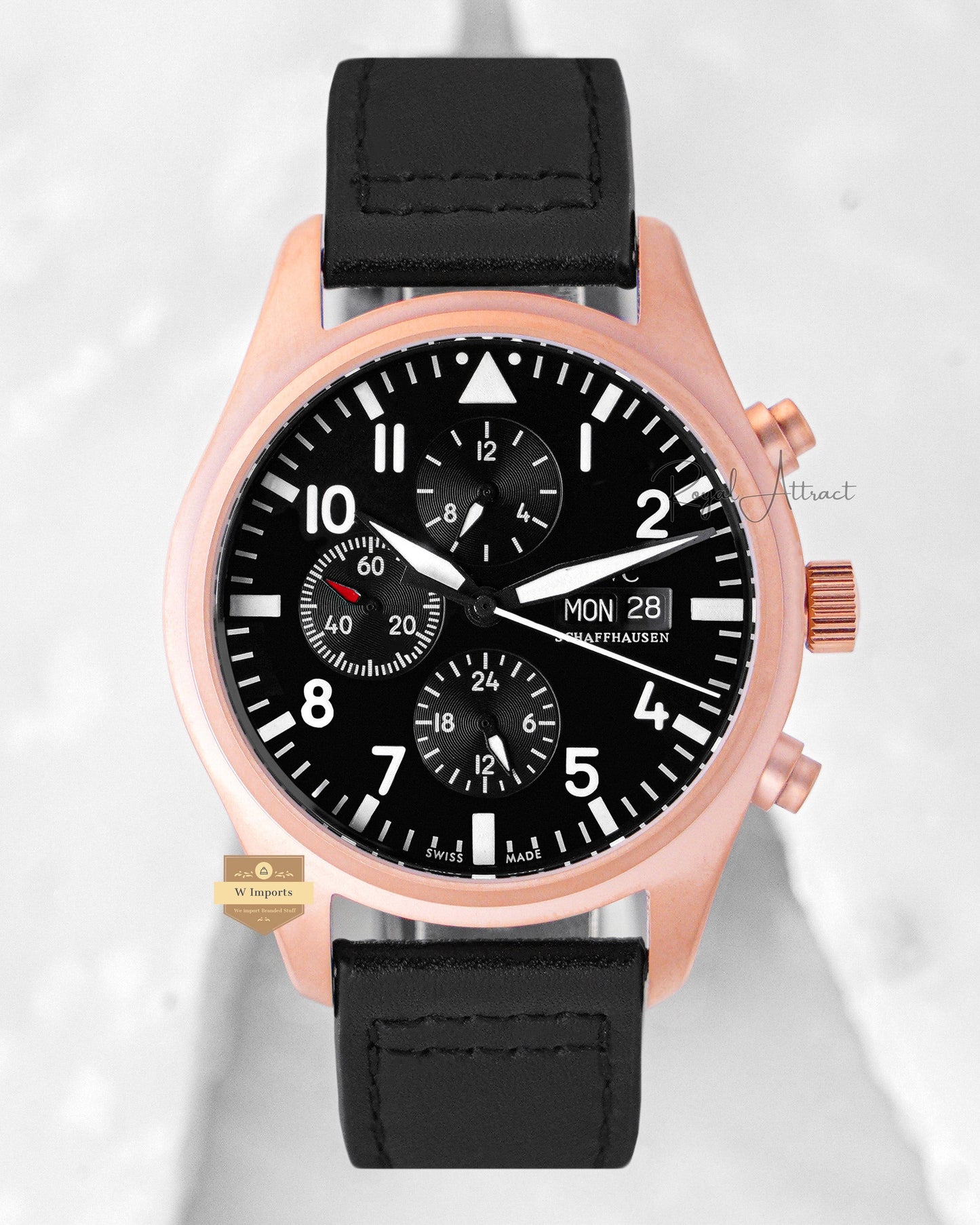 LATEST COLLECTION CHRONOGRAPH ROSE GOLD CASE WITH BLACK DIAL & PVC STRAP