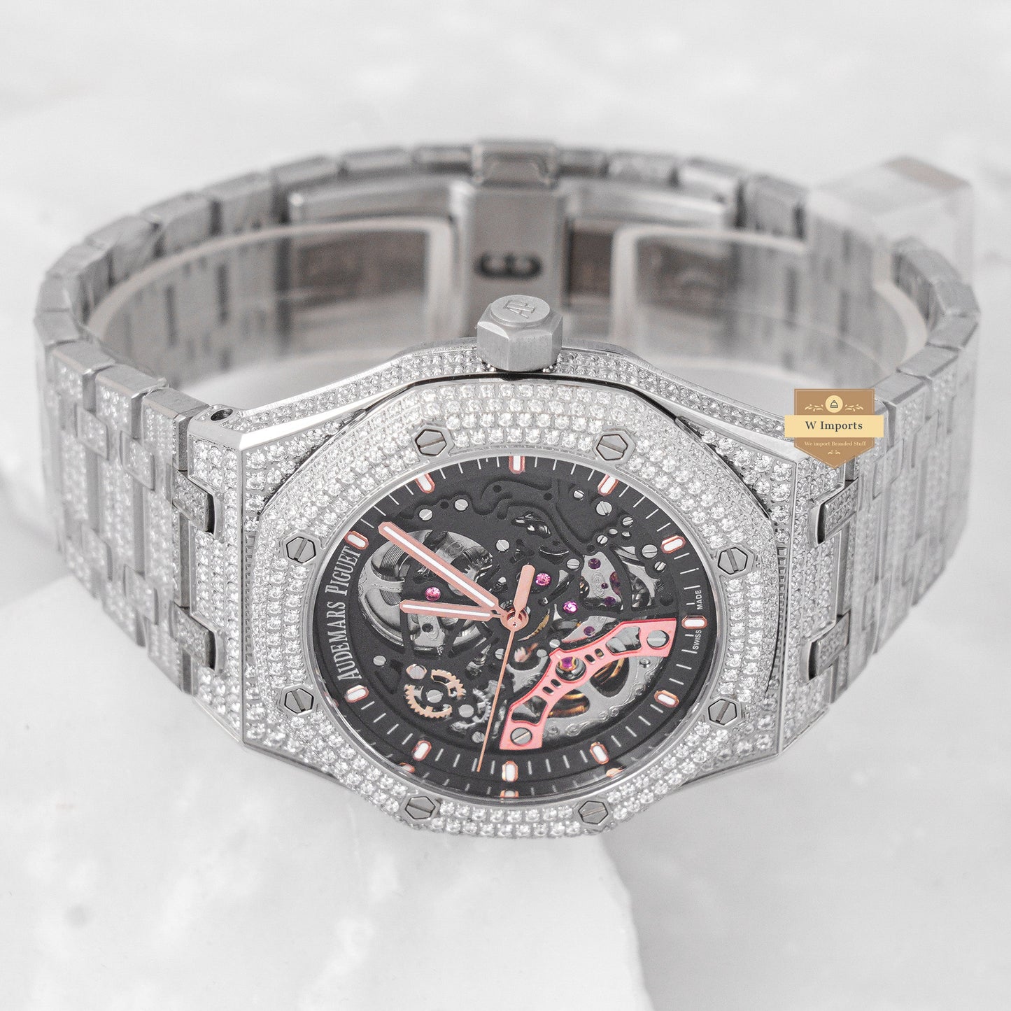 Latest Collection Full Stone Silver With Black Skeleton Dial Automatic Watch