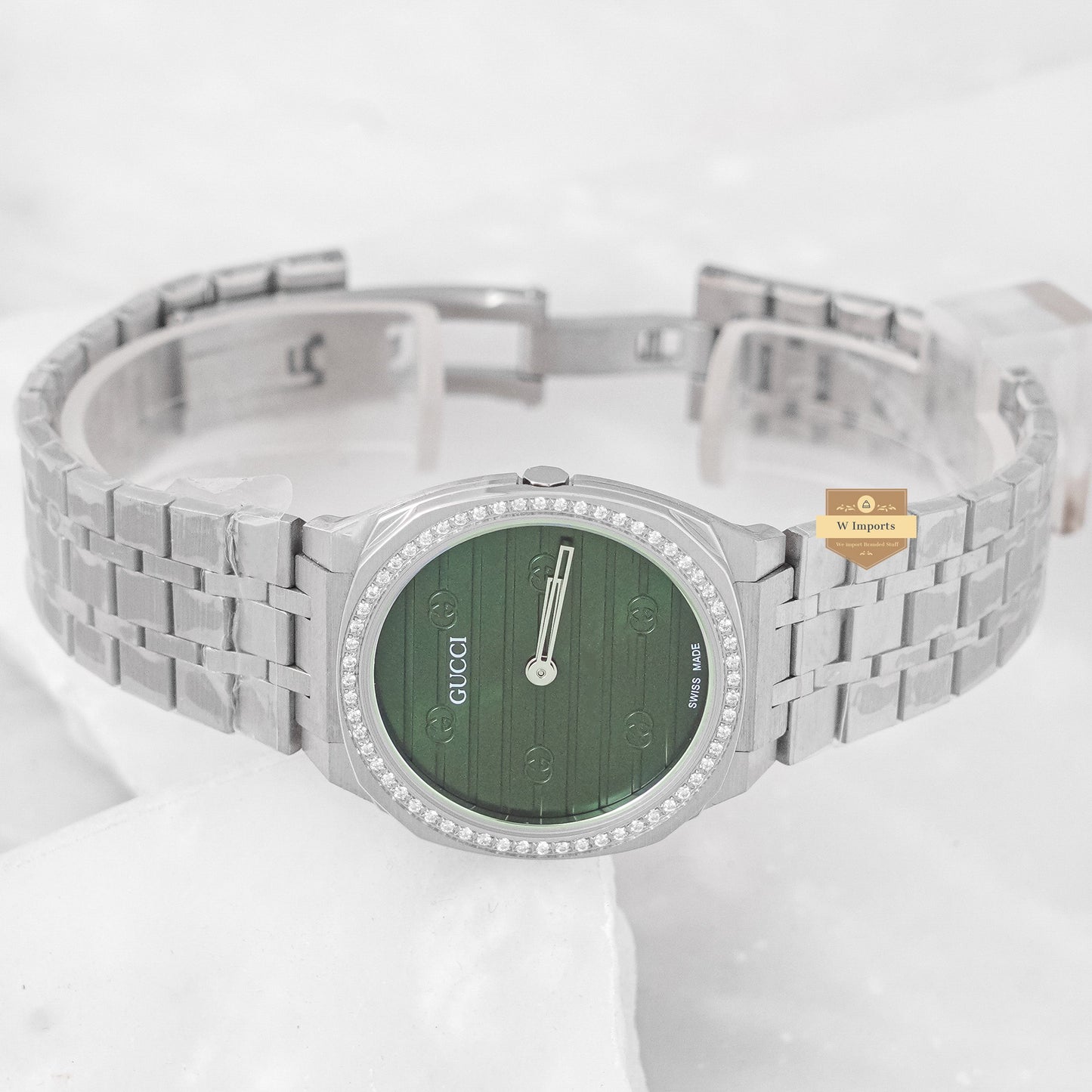 Latest Collection Silver With Green Dial Stone Bezel Ladies Watch