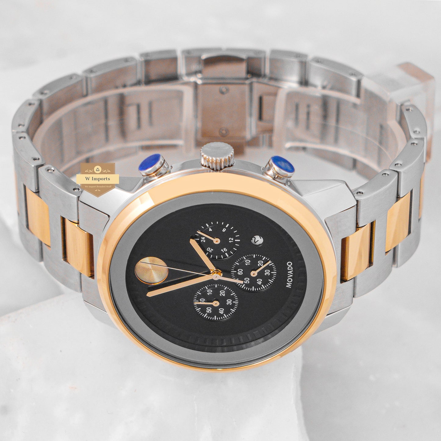 Latest Collection Chronograph Two Tone Yellow Gold With Black Dial Chain Watch