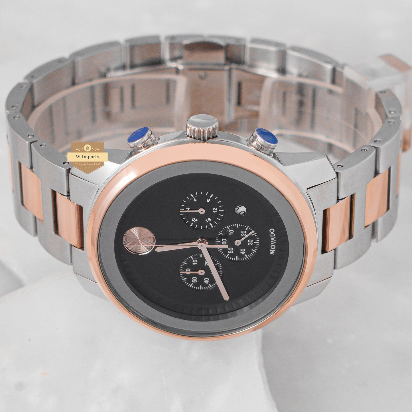 Latest Collection Chronograph Two Tone Rose Gold With Black Dial Chain Watch