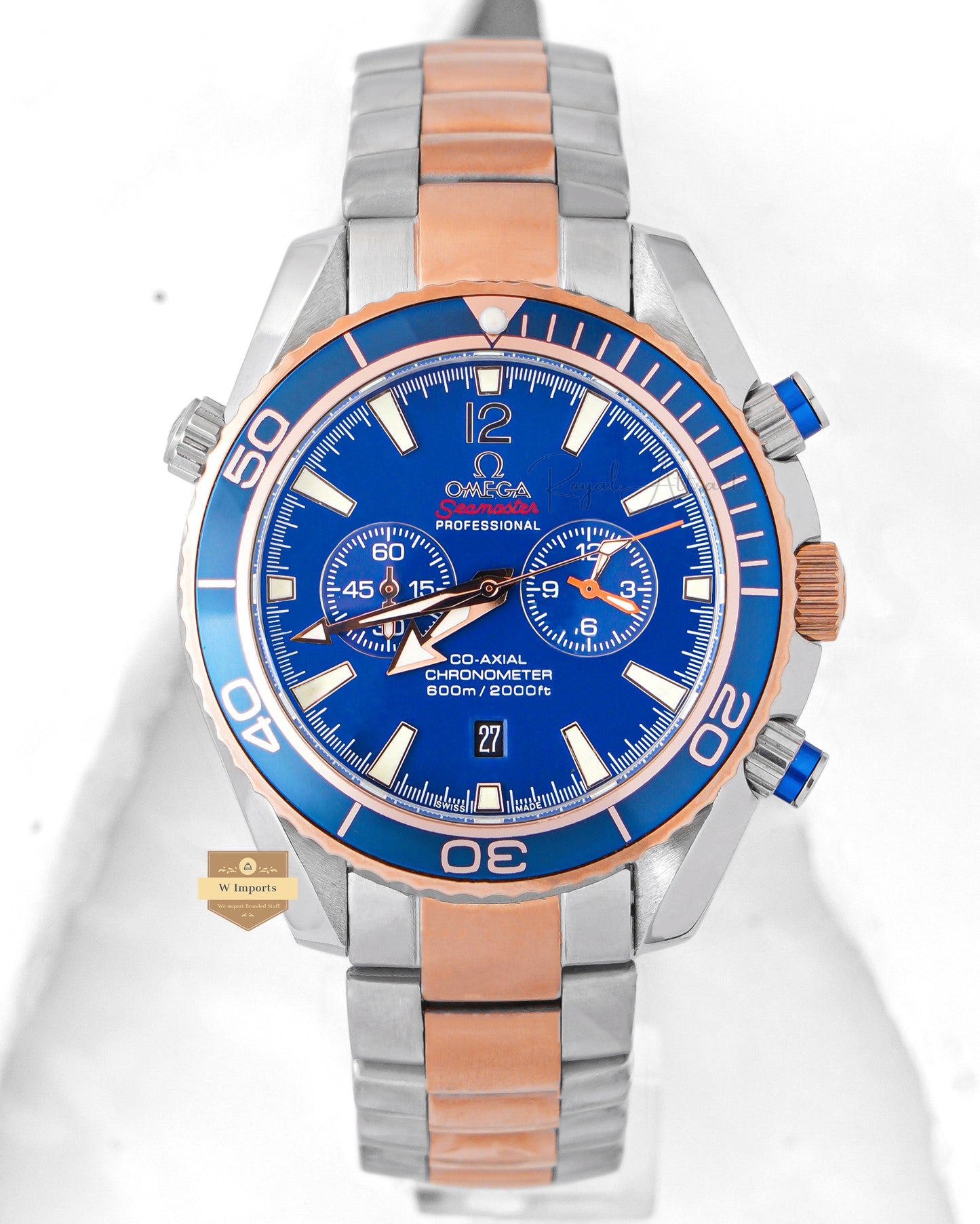 Latest Collection Chronograph Two Tone Rose Gold With Blue Dial Chain Watch