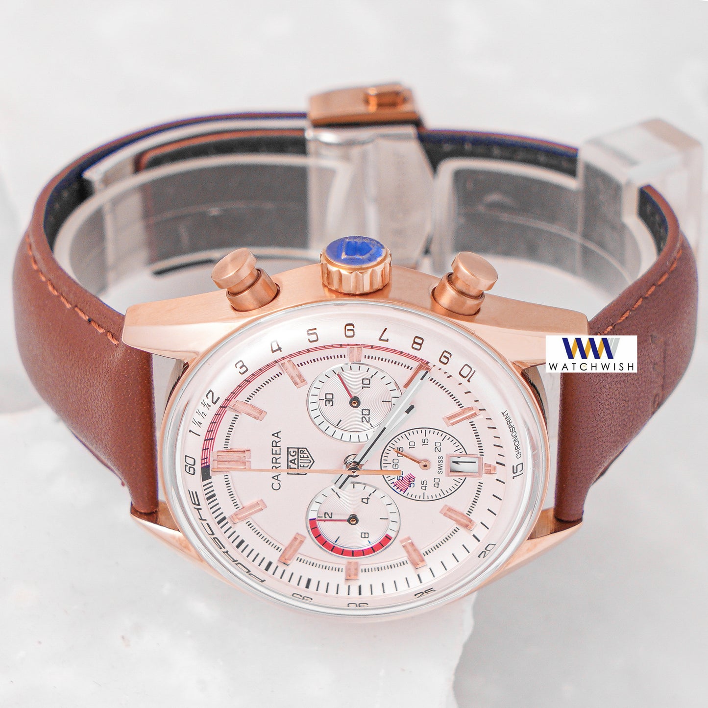 Latest Collection Chronograph Rose Gold Case With Peach Dial & Brown Leather Strap