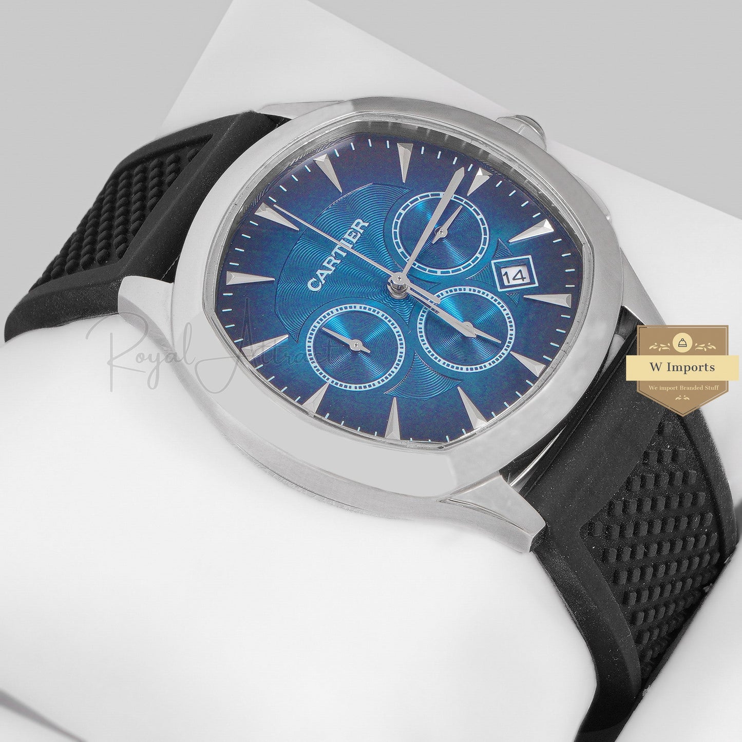 LATEST COLLECTION CHRONOGHRAPH SILVER CASE WITH BLUE DIAL & RUBBER STRAP