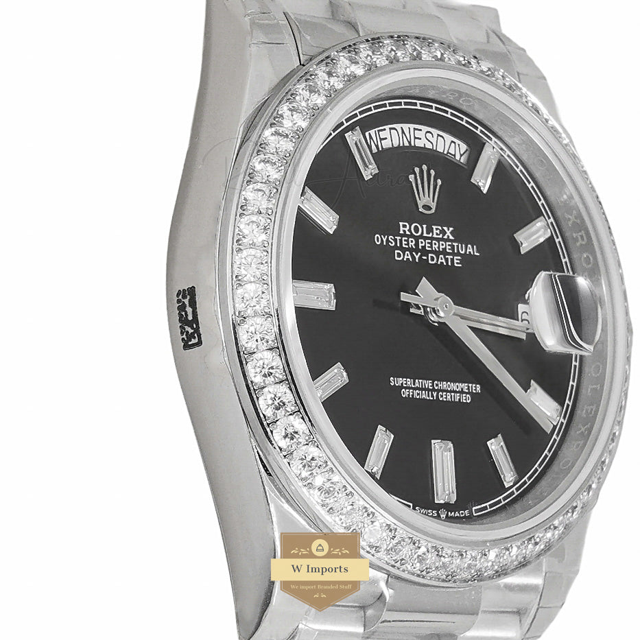 Latest Collection 40 Silver With Black Dial & Stone Bezel Automatic Watch EW Made