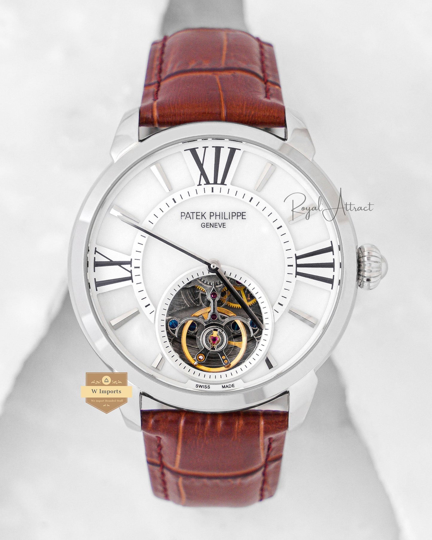 Latest Collection Tourbillon Silver Case With White Dial & Leather Strap