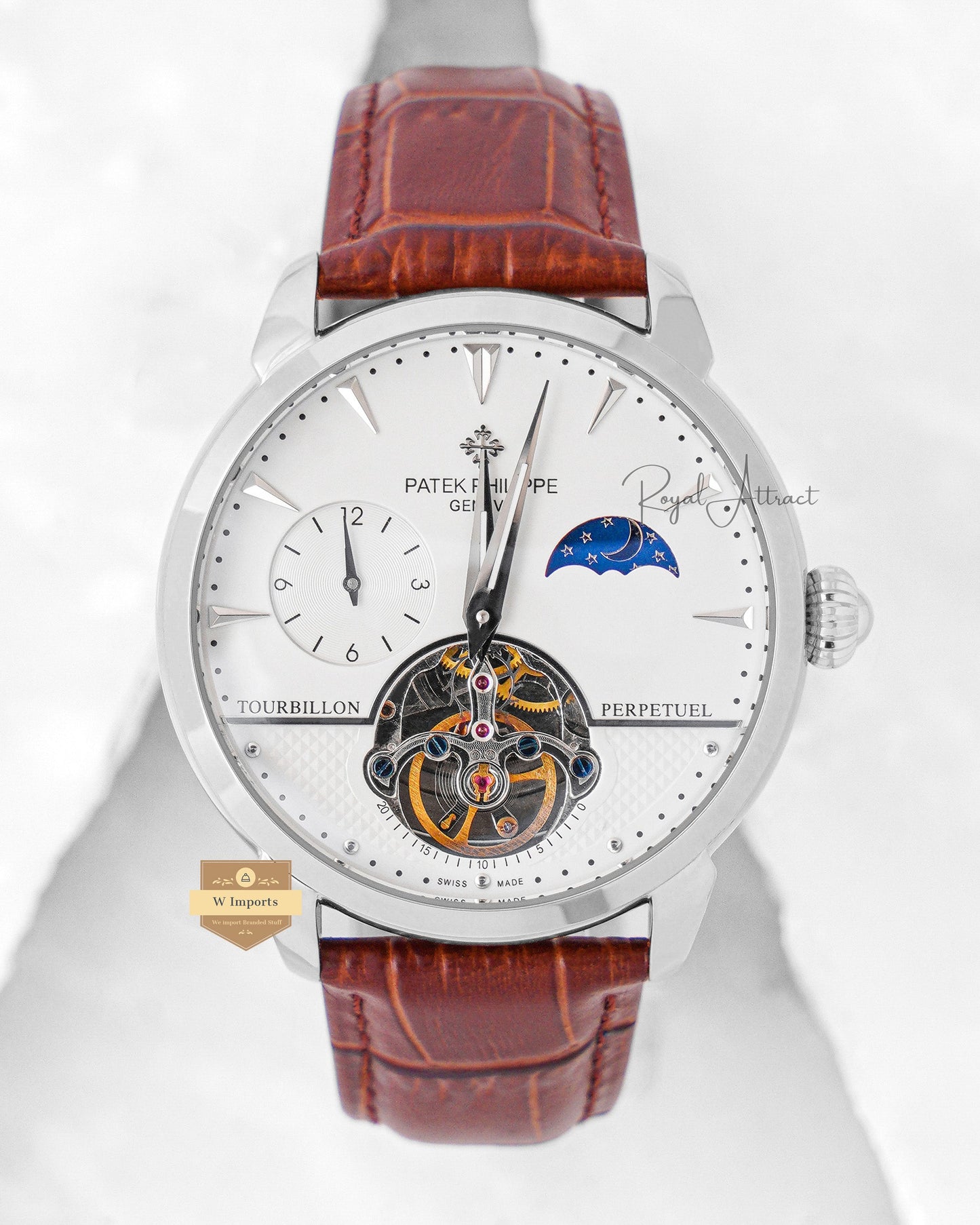 Latest Collection Tourbillon Silver Case With White Dial & Leather Strap