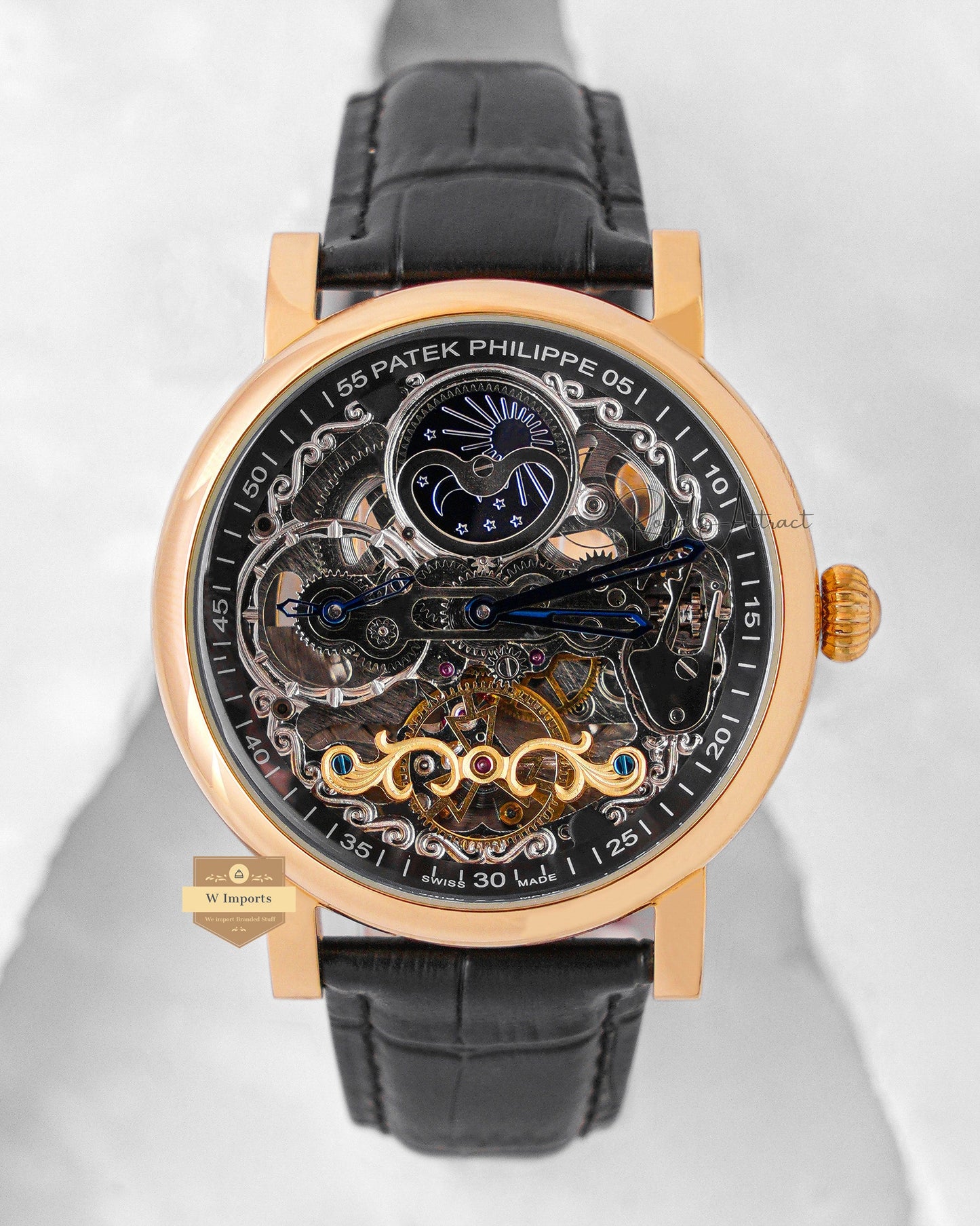 Latest Collection Tourbillon Moon phase Yellow Gold Case With Black Skeleton Dial & Leather Strap