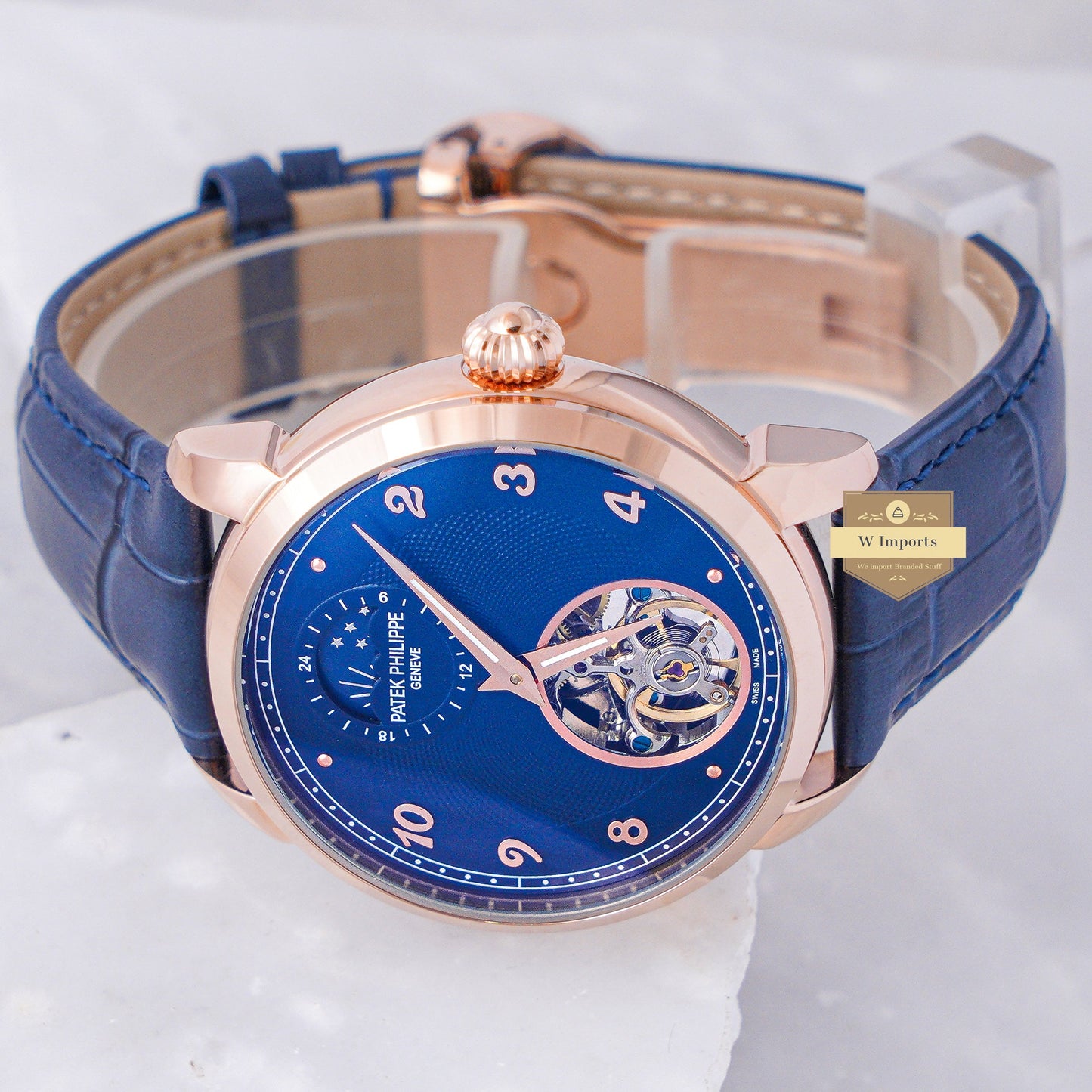 Latest Collection Tourbillon Rose Gold Case With Blue Dial & Leather Strap