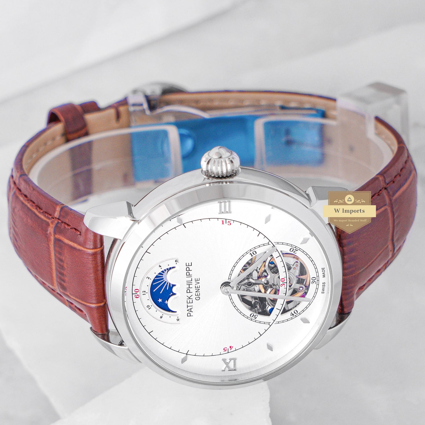 Latest Collection Tourbillon Silver Case With White Dial & Leather Strap