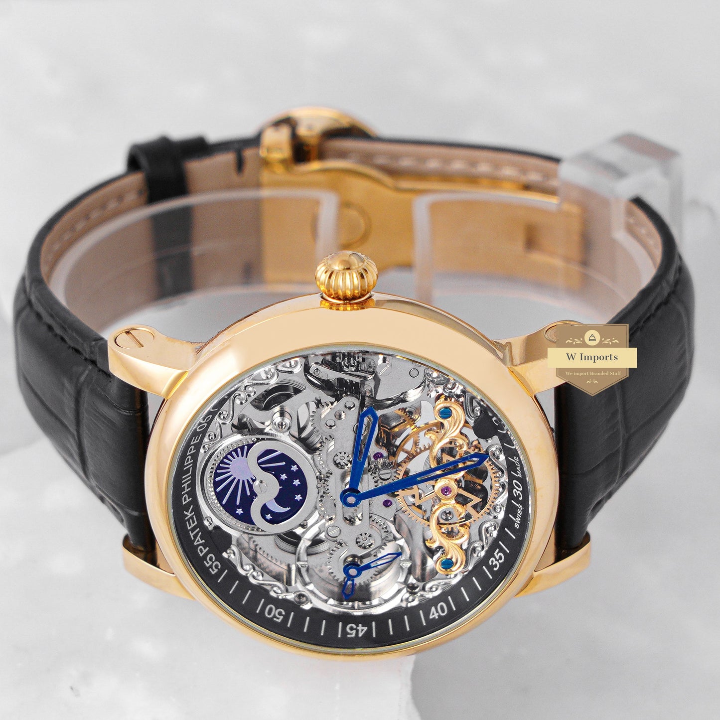 Latest Collection Tourbillon Moon phase Yellow Gold Case With Black Skeleton Dial & Leather Strap