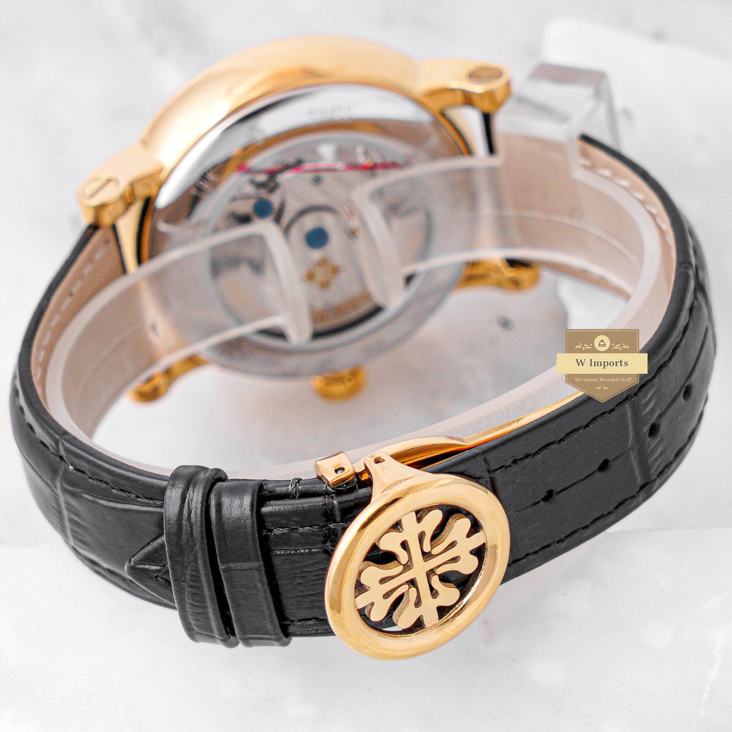Latest Collection Tourbillon Moon phase Yellow Gold Case With Black Skeleton Dial & Leather Strap