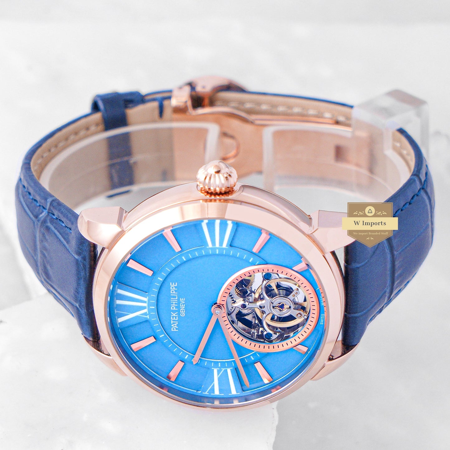 Latest Collection Tourbillon Rose Gold Case With Sky Blue Dial & Leather Strap