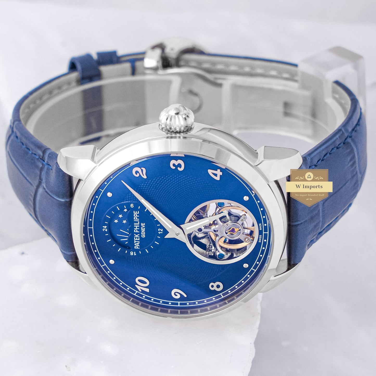 Latest Collection Tourbillon Silver Case With Blue Dial & Leather Strap
