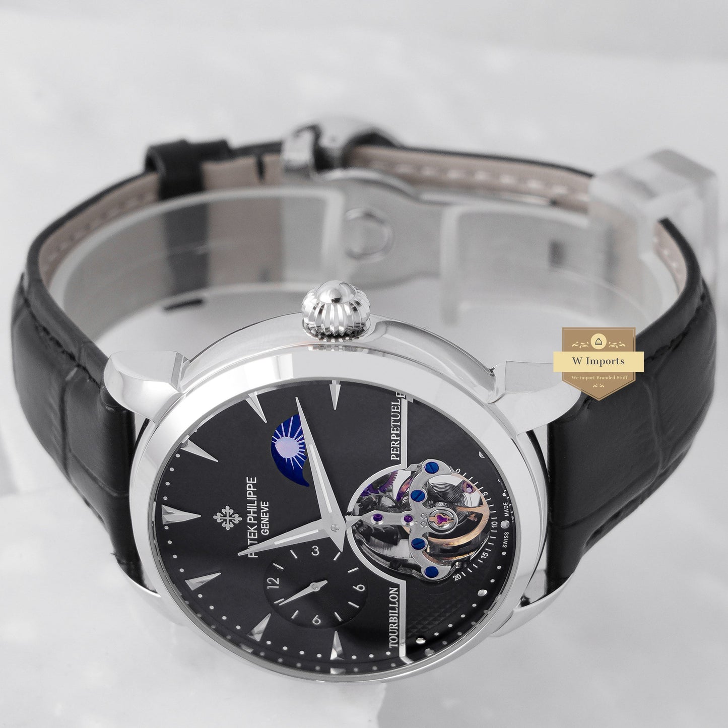 Latest Collection Tourbillon Silver Case With Black Dial & Leather Strap
