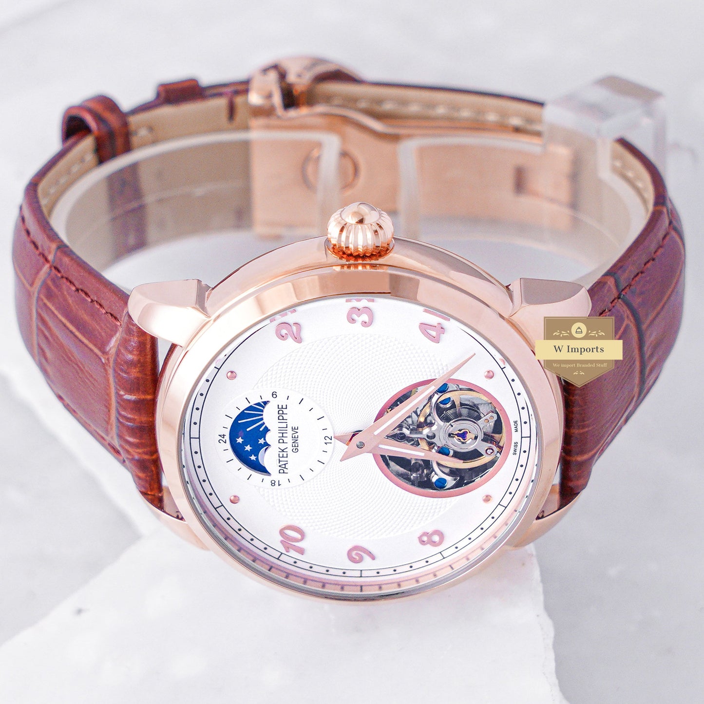 Latest Collection Tourbillon Rose Gold Case With White Dial & Leather Strap