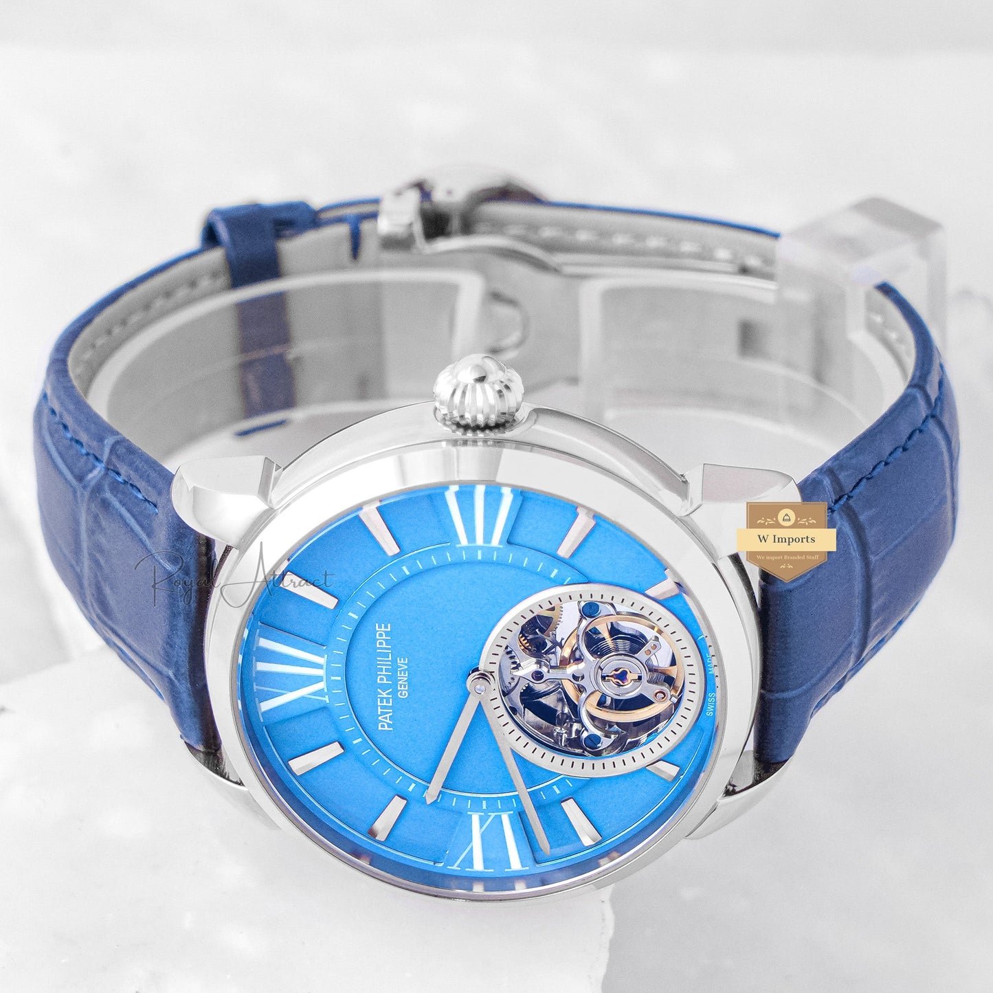 Latest Collection Tourbillon Silver Case With Sky Blue Dial & Leather Strap