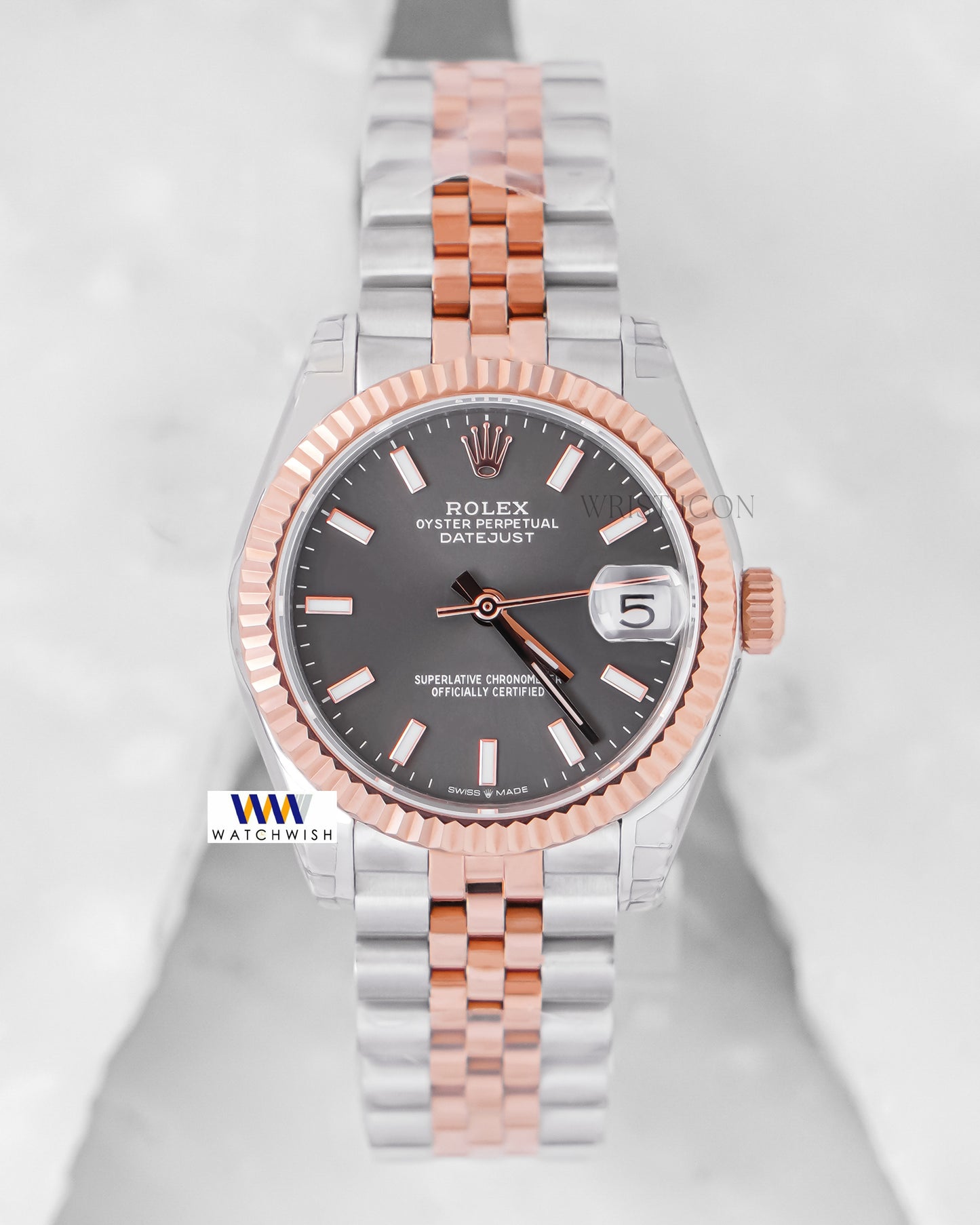 Latest Ladies Collection 31 Two Tone Rose Gold With Gray Dial Fluted Bezel & Stone Index Automatic Watch Ew Factory