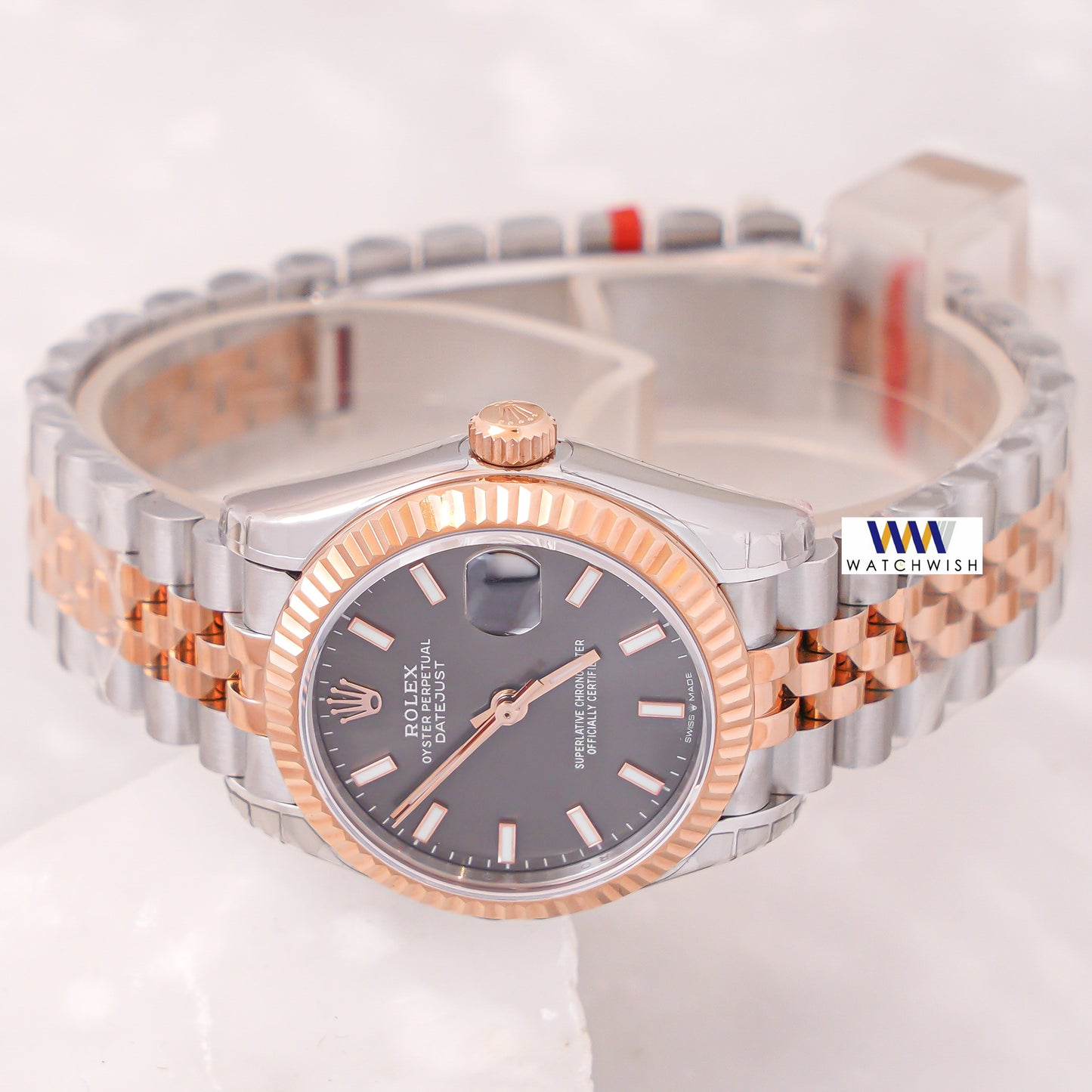 Latest Ladies Collection 31 Two Tone Rose Gold With Gray Dial Fluted Bezel & Stone Index Automatic Watch Ew Factory