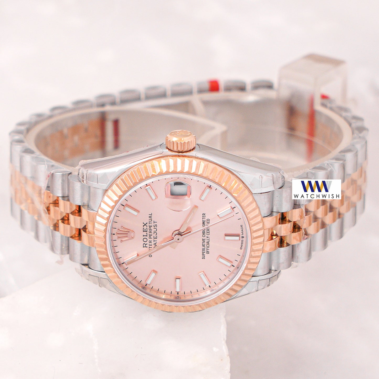 Latest Ladies Collection 31 Two Tone Rose Gold With Peach Dial Fluted Bezel & Stone Index Automatic Watch Ew Factory