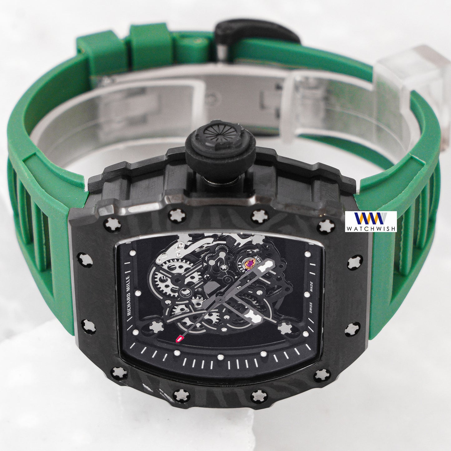 Latest Collection Black Case With Skeleton Dial & Green Rubber Strap Automatic Watch