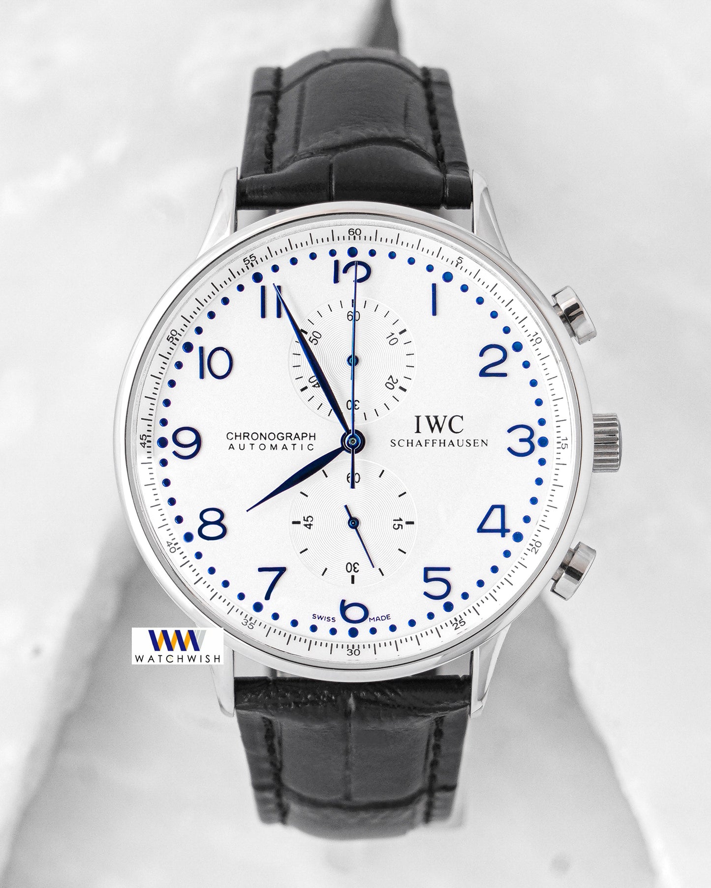 Latest Collection Chronograph Silver Case With White Dial & Black Leather Strap